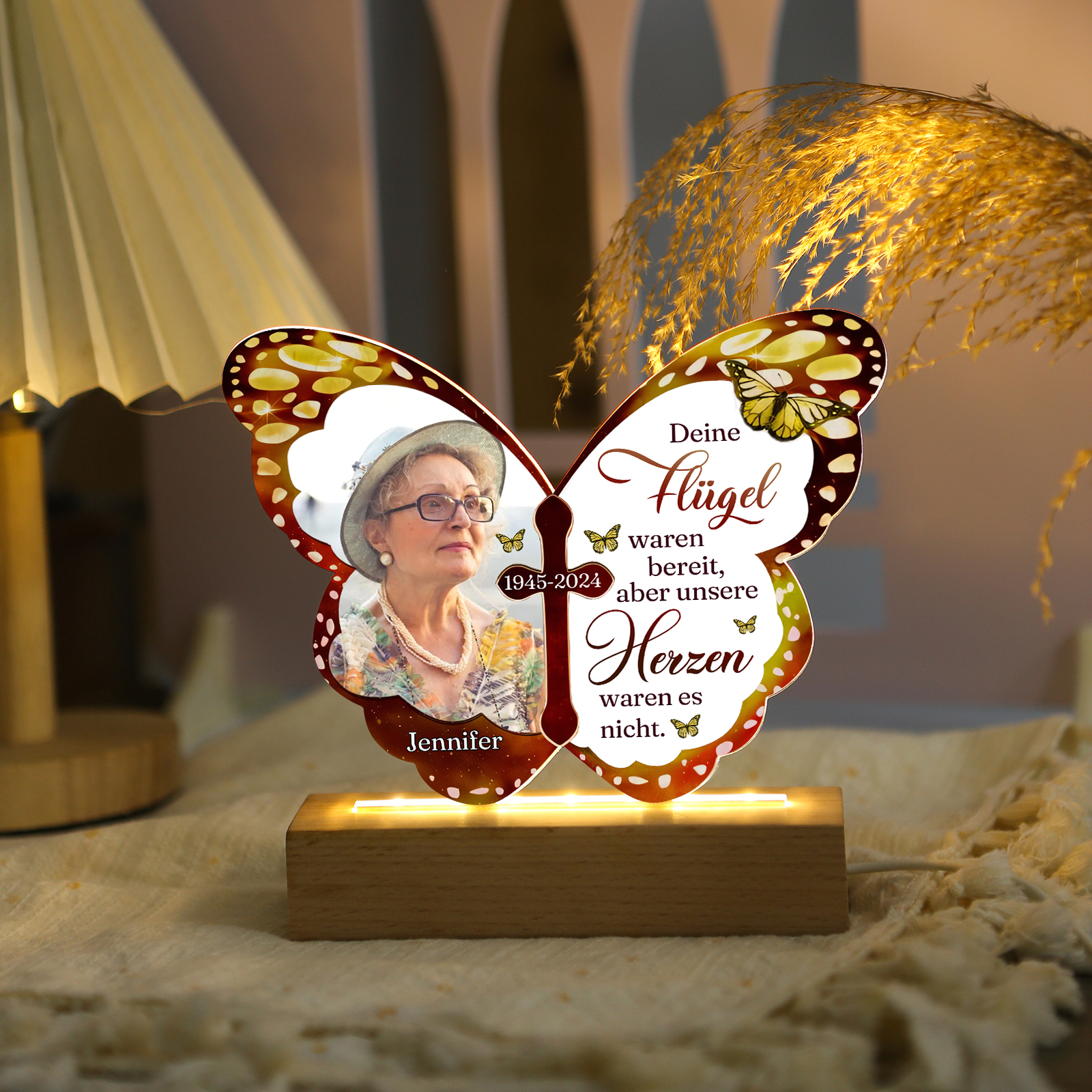 Personalisierter 1 Namen & Foto & Datum Schmetterling LED Nachtlicht – Deine Flügel waren bereit, aber unsere Herzen waren es nicht – Gedenk-Acryl-Nachtlampe