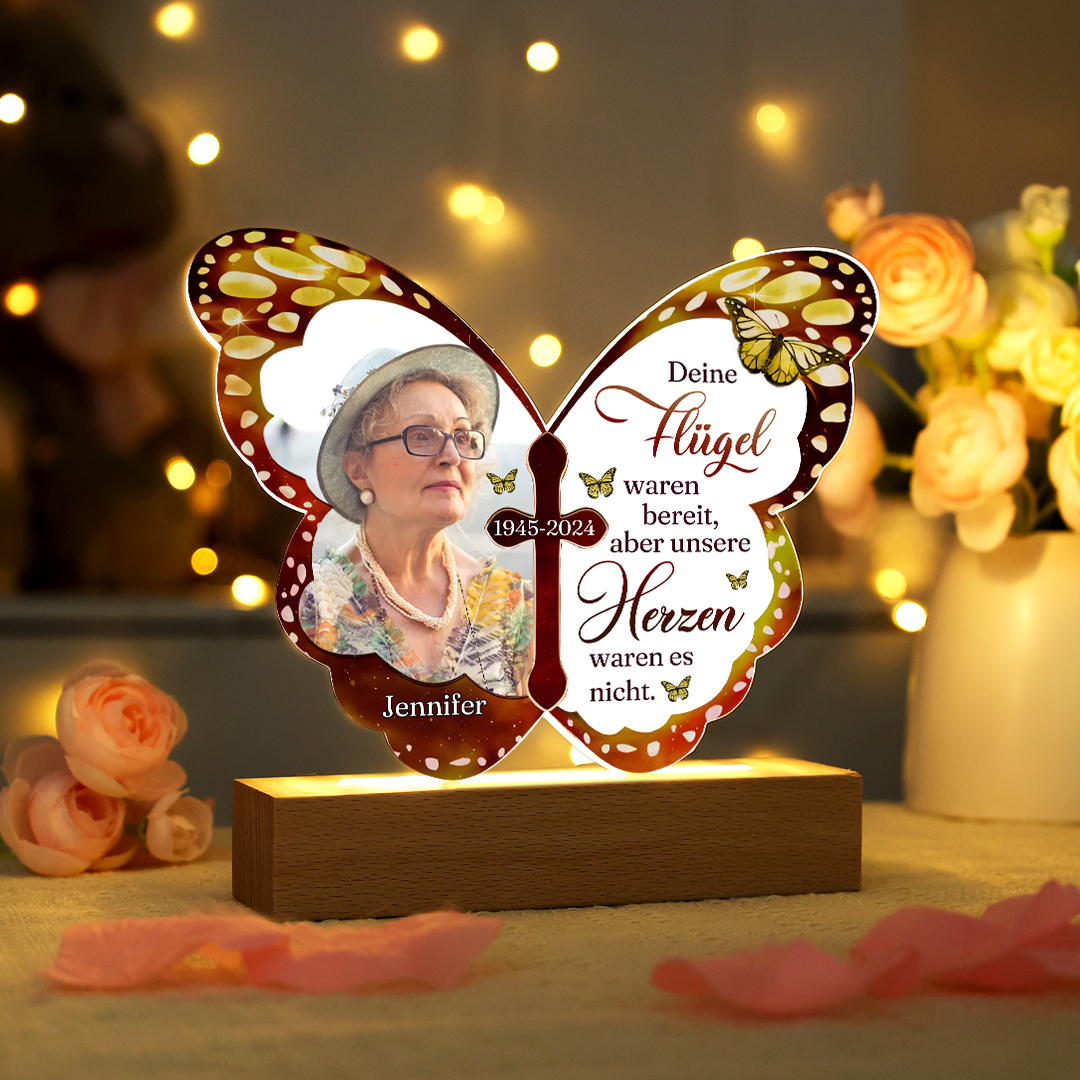 Personalisierter 1 Namen & Foto & Datum Schmetterling LED Nachtlicht – Deine Flügel waren bereit, aber unsere Herzen waren es nicht – Gedenk-Acryl-Nachtlampe