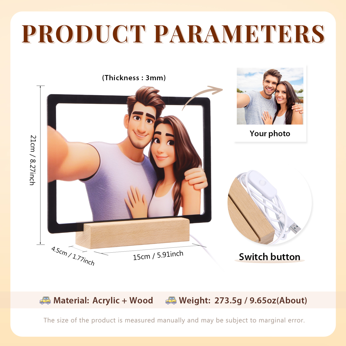 Personalisiertes Foto Acryl Comic-Fotodisplay mit LED-Beleuchtung Licht Schreibtisch Dekoration für Partener Paar