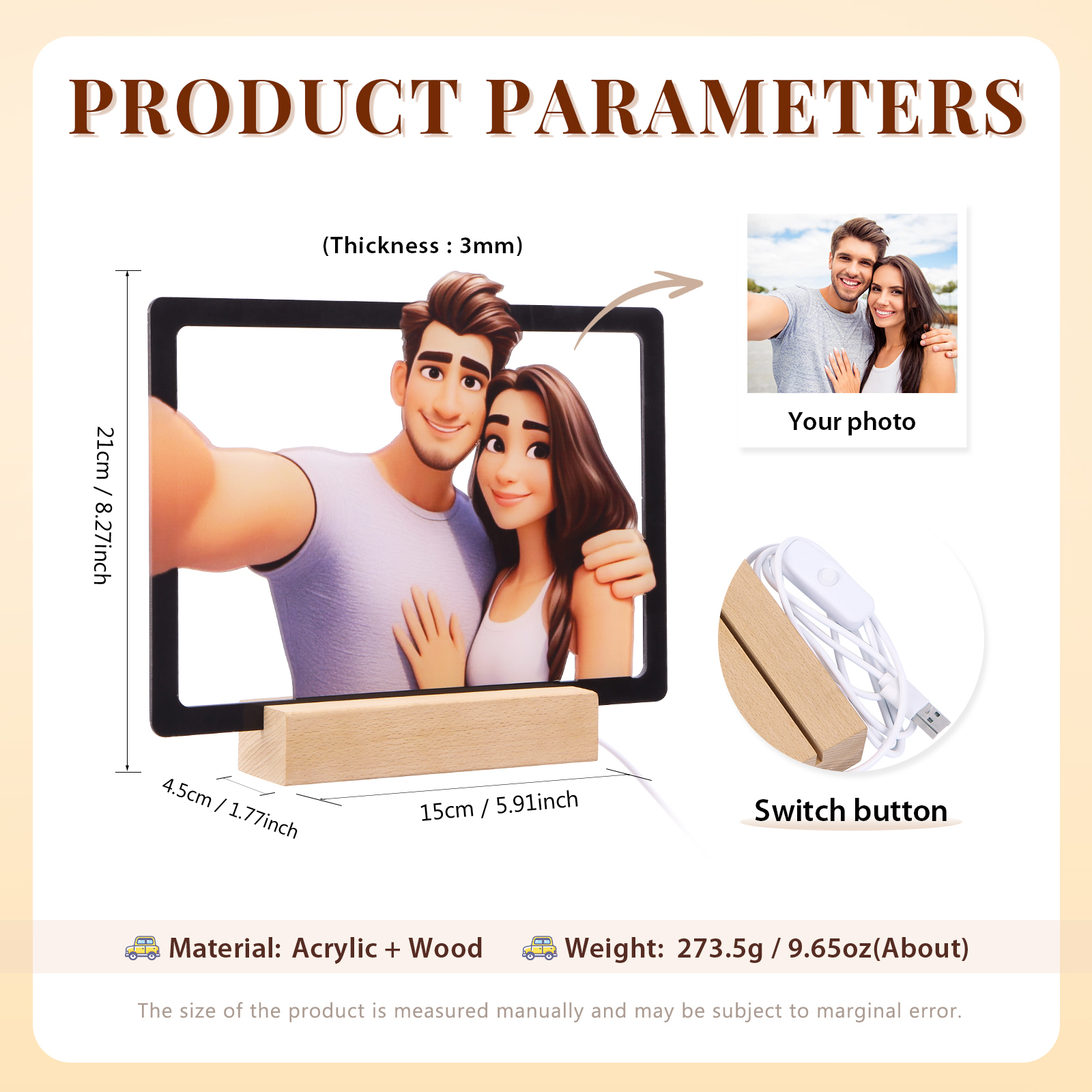 Personalisiertes Foto Acryl Comic-Fotodisplay mit LED-Beleuchtung Licht Schreibtisch Dekoration für Partener Paar