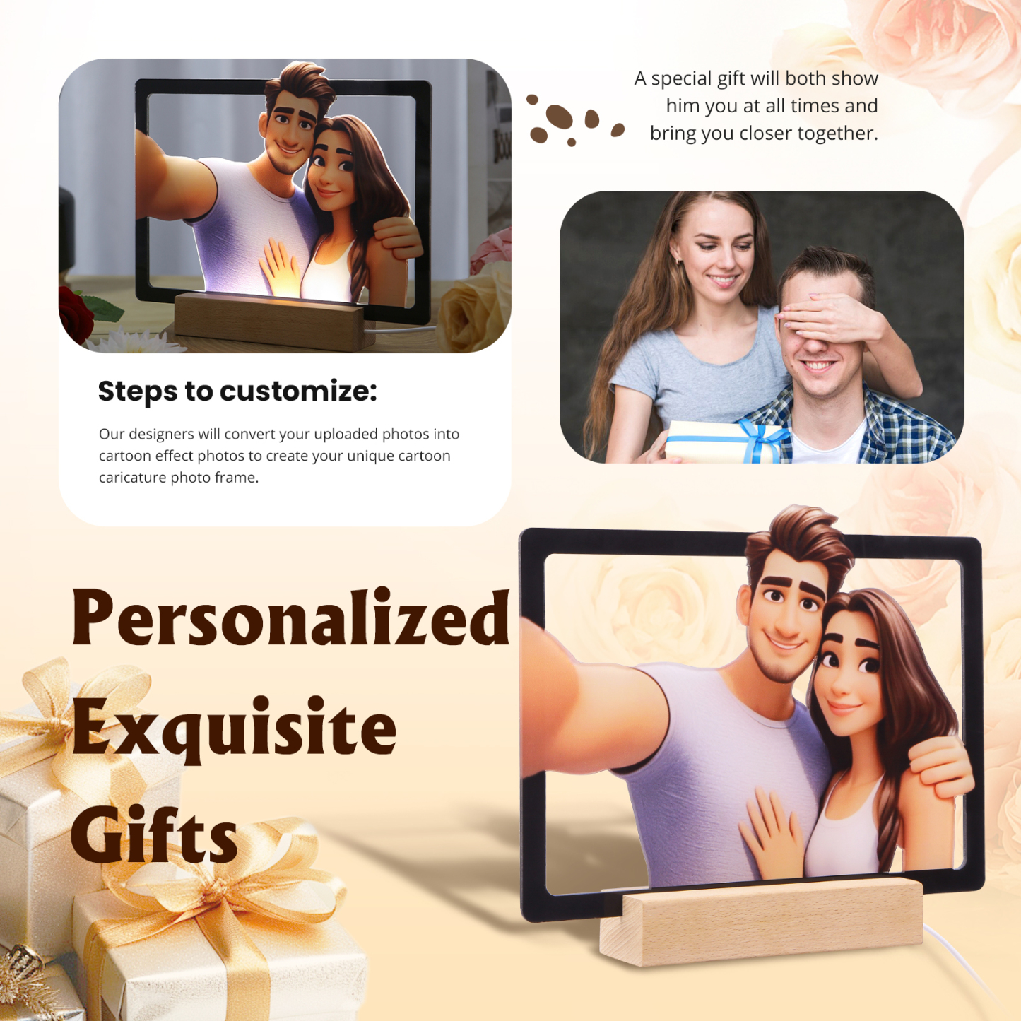 Personalisiertes Foto Acryl Comic-Fotodisplay mit LED-Beleuchtung Licht Schreibtisch Dekoration für Partener Paar