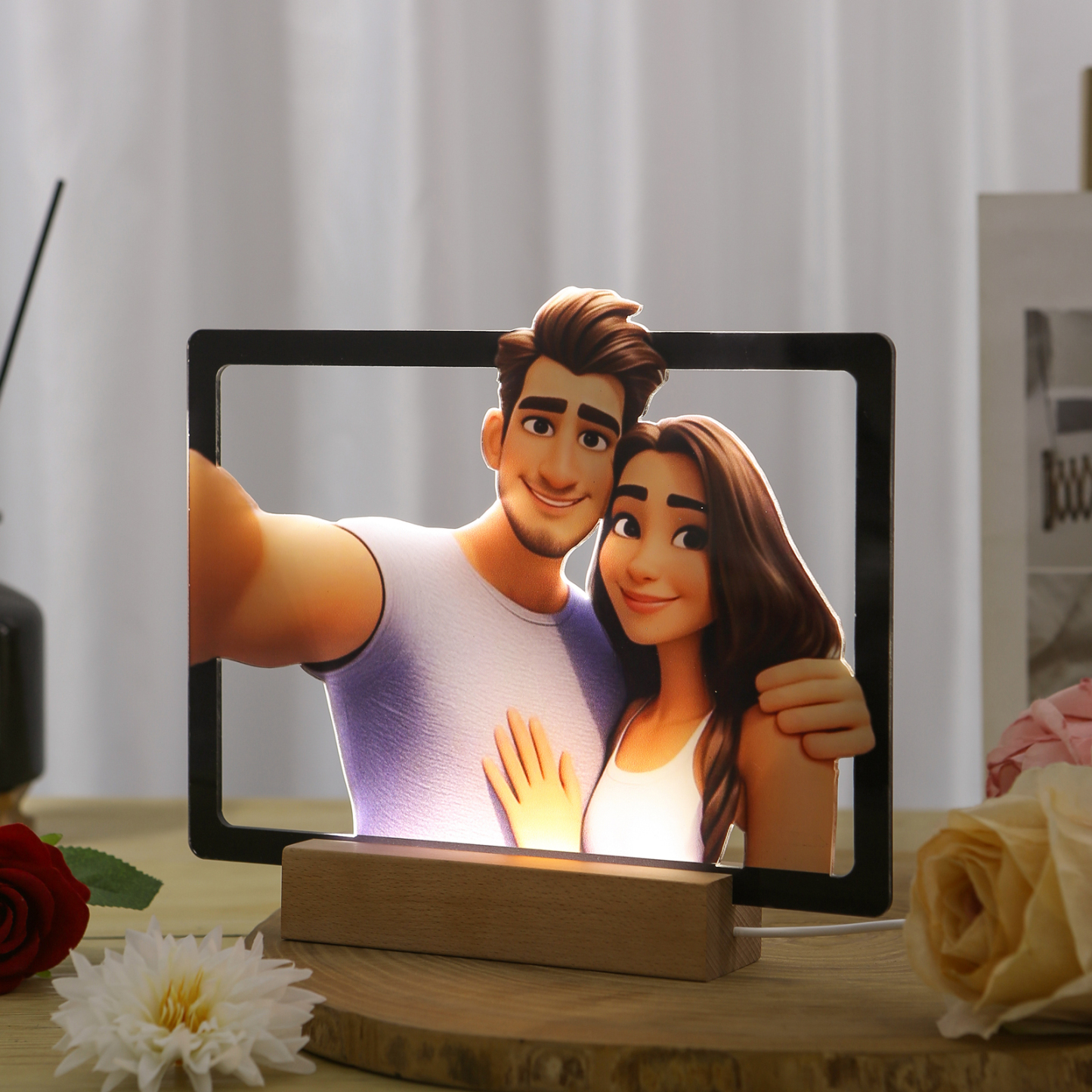 Personalisiertes Foto Acryl Comic-Fotodisplay mit LED-Beleuchtung Licht Schreibtisch Dekoration für Partener Paar