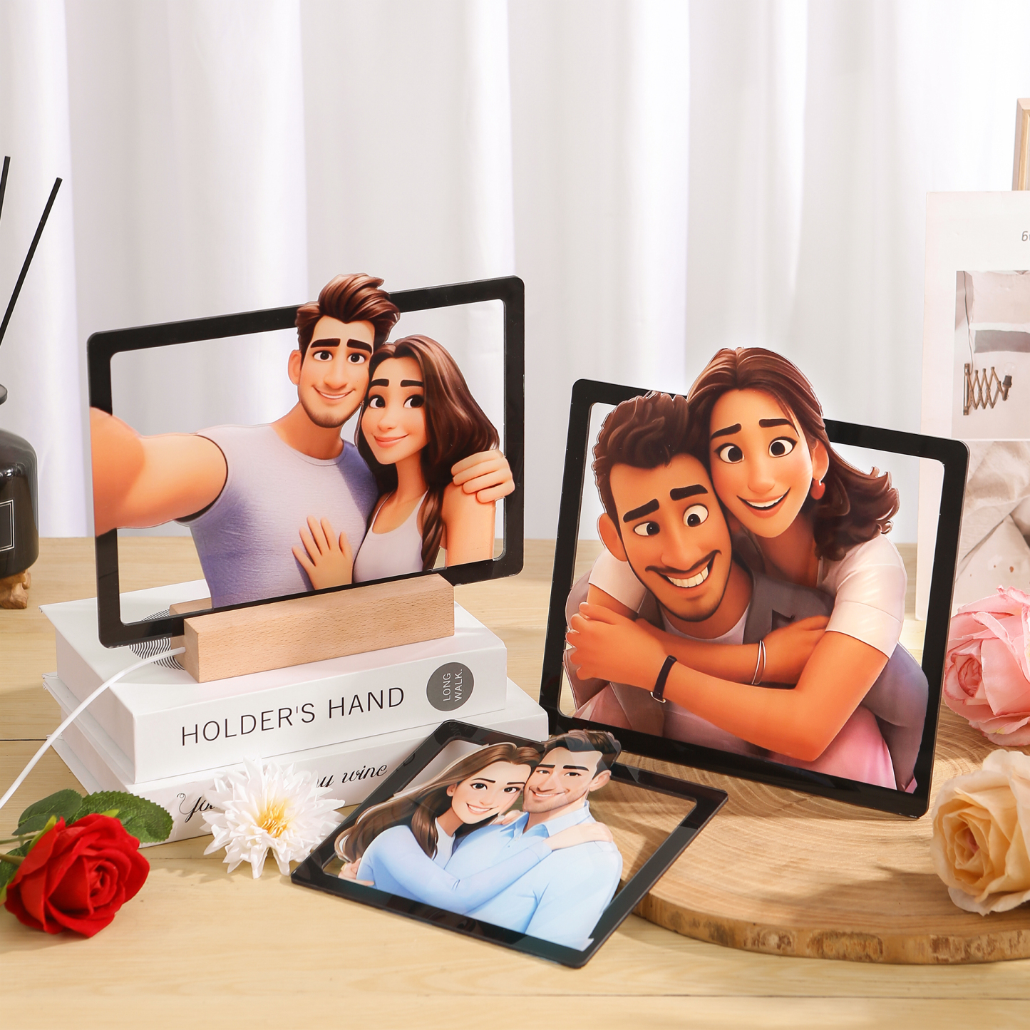 Personalisiertes Foto Acryl Comic-Fotodisplay mit LED-Beleuchtung Licht Schreibtisch Dekoration für Partener Paar