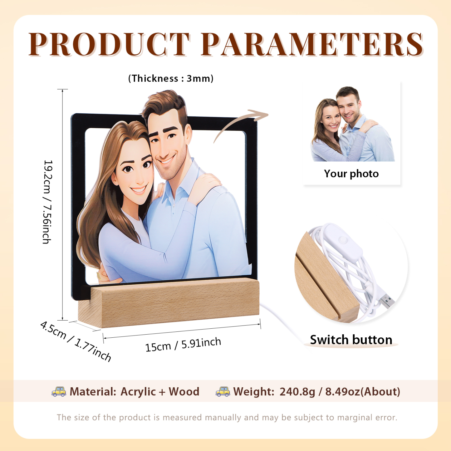 Personalisiertes Foto Acryl Comic-Fotodisplay mit LED-Beleuchtung Licht Schreibtisch Dekoration für Partener Paar