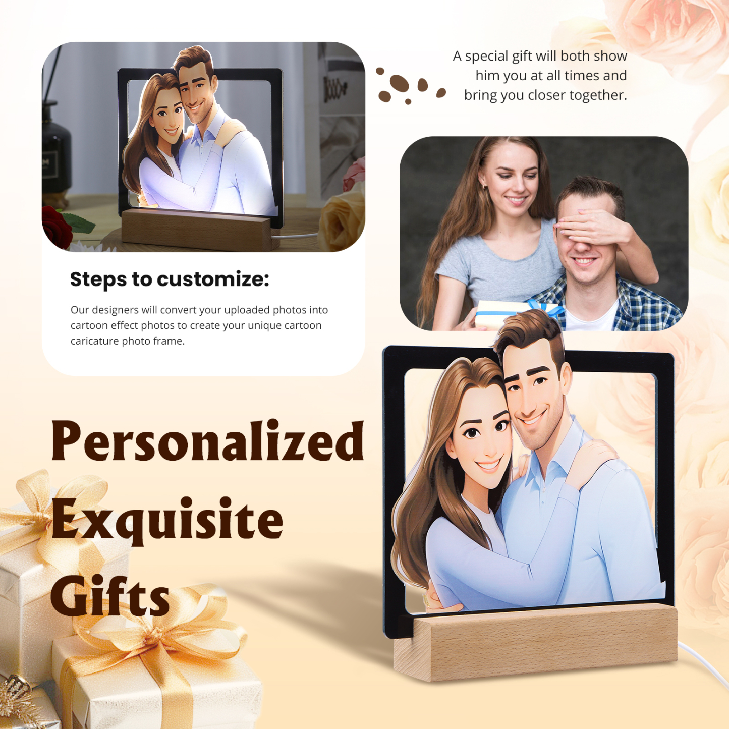 Personalisiertes Foto Acryl Comic-Fotodisplay mit LED-Beleuchtung Licht Schreibtisch Dekoration für Partener Paar