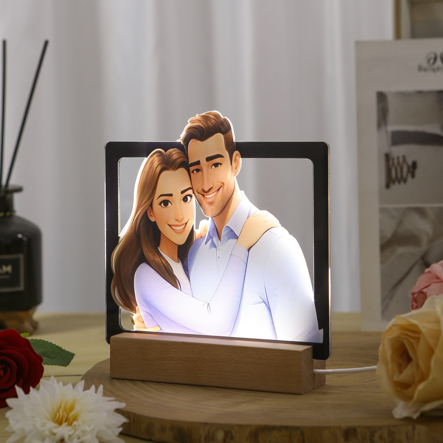 Personalisiertes Foto Acryl Comic-Fotodisplay mit LED-Beleuchtung Licht Schreibtisch Dekoration für Partener Paar