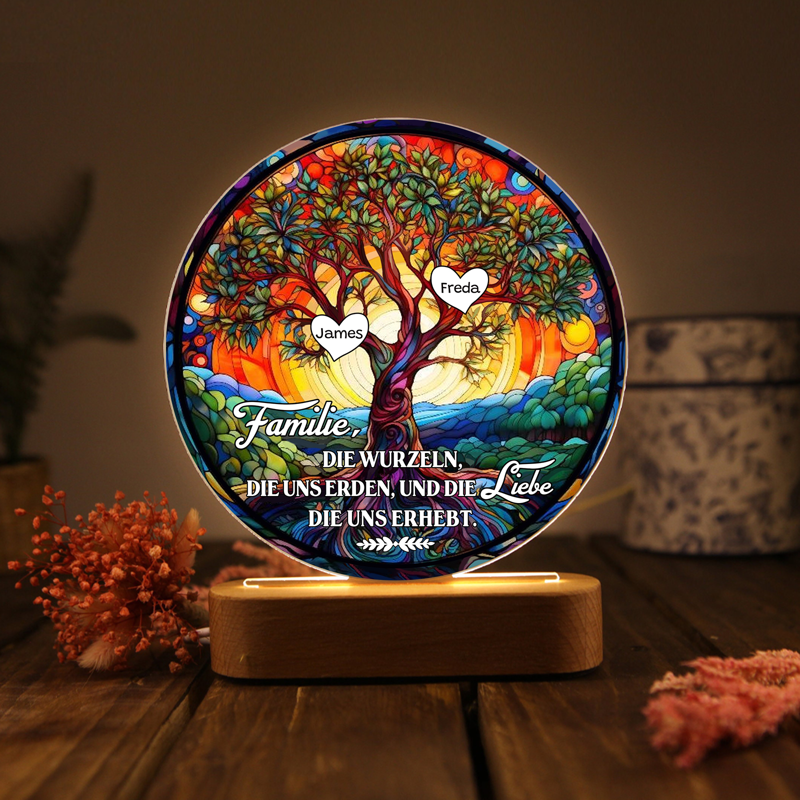 Lebenbaum Licht-Personalisierte 2 Namen Licht mit Gravur "Familie, die Wurzeln, die uns erden, und die Liebe, die uns erhebt"