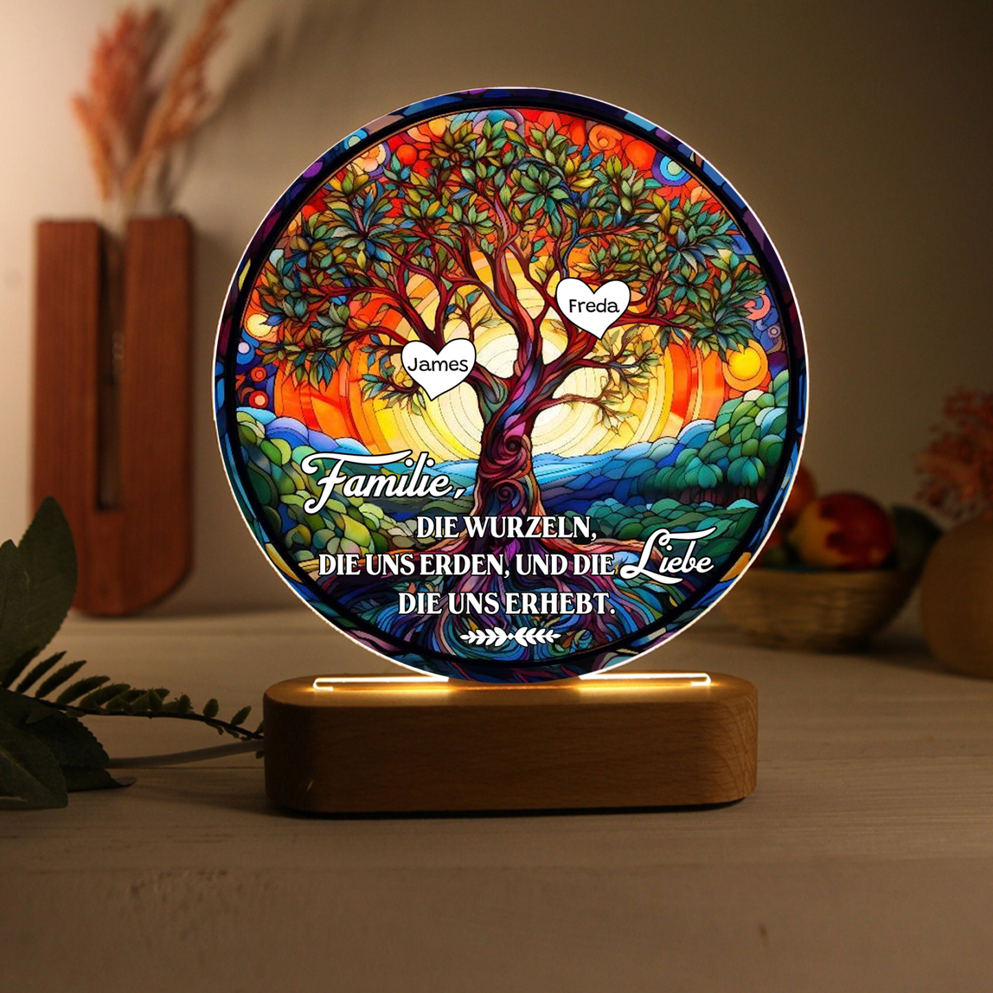 Lebenbaum Licht-Personalisierte 2 Namen Licht mit Gravur "Familie, die Wurzeln, die uns erden, und die Liebe, die uns erhebt"