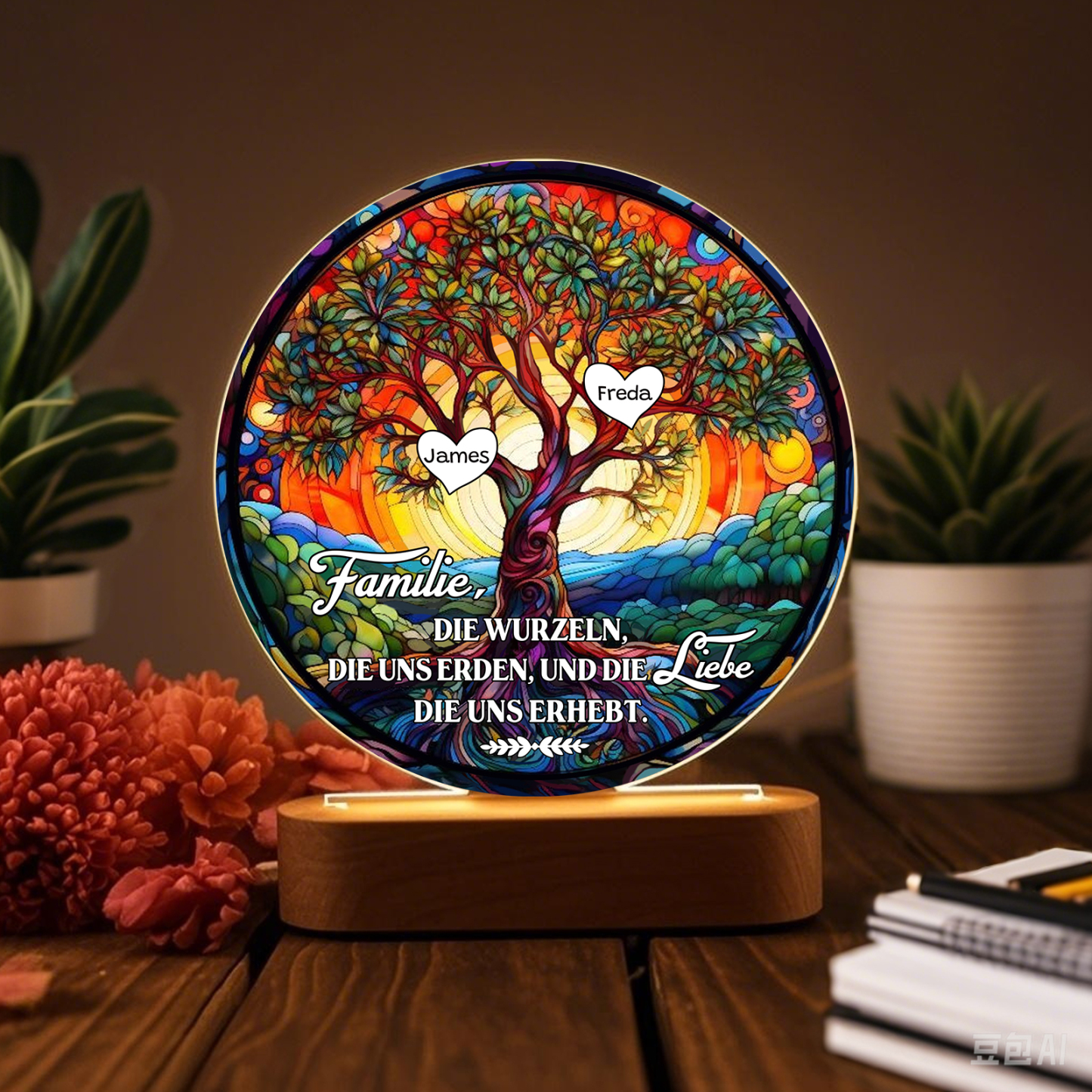 Lebenbaum Licht-Personalisierte 2 Namen Licht mit Gravur "Familie, die Wurzeln, die uns erden, und die Liebe, die uns erhebt"