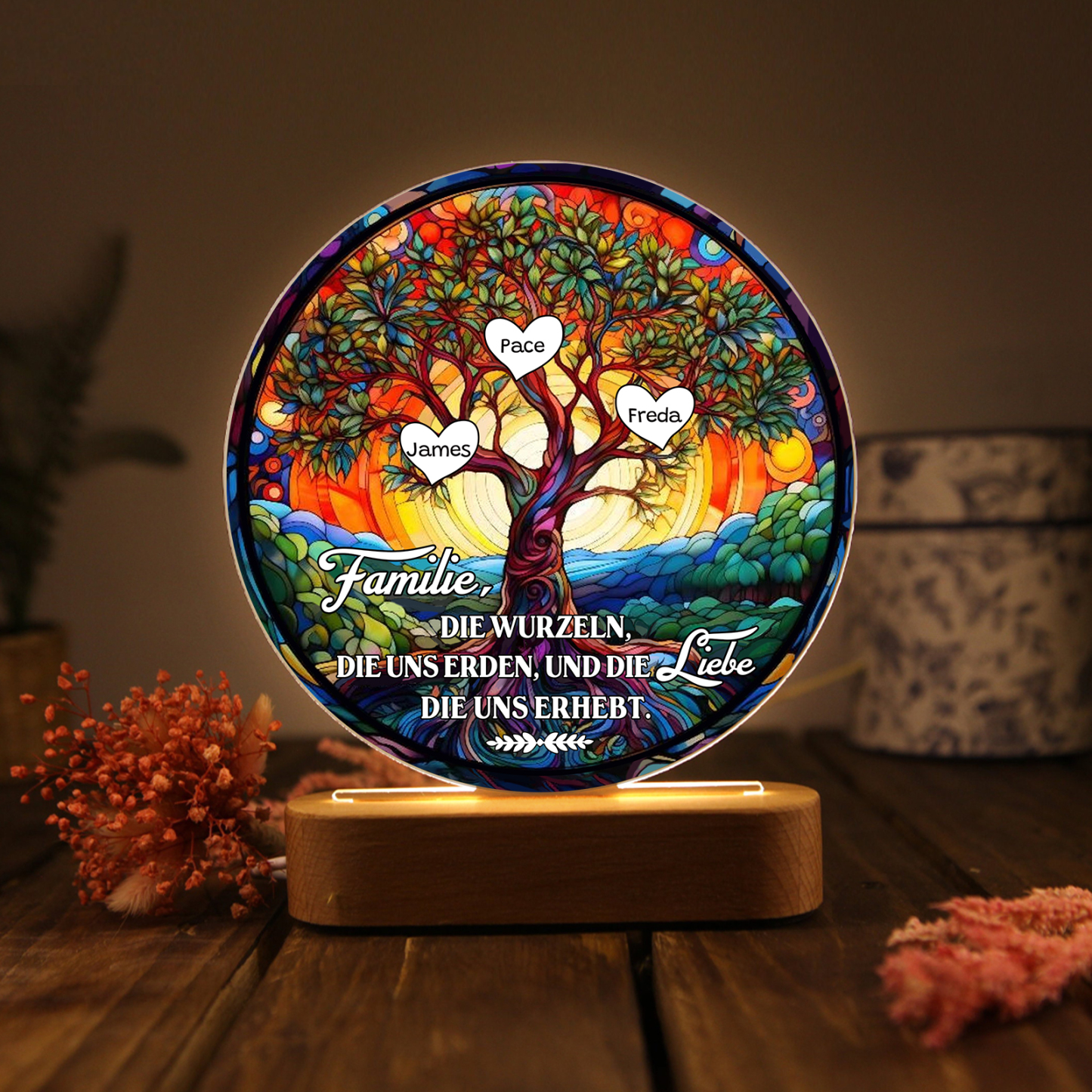 Lebenbaum Licht-Personalisierte 3 Namen Licht mit Gravur "Familie, die Wurzeln, die uns erden, und die Liebe, die uns erhebt"