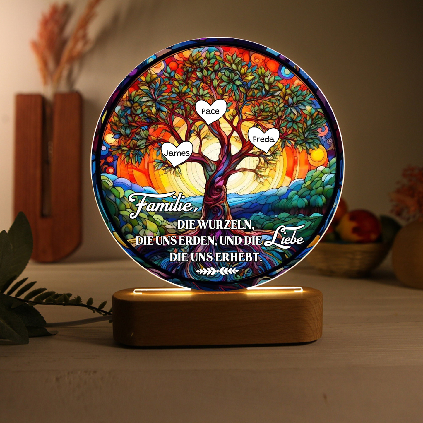 Lebenbaum Licht-Personalisierte 3 Namen Licht mit Gravur "Familie, die Wurzeln, die uns erden, und die Liebe, die uns erhebt"