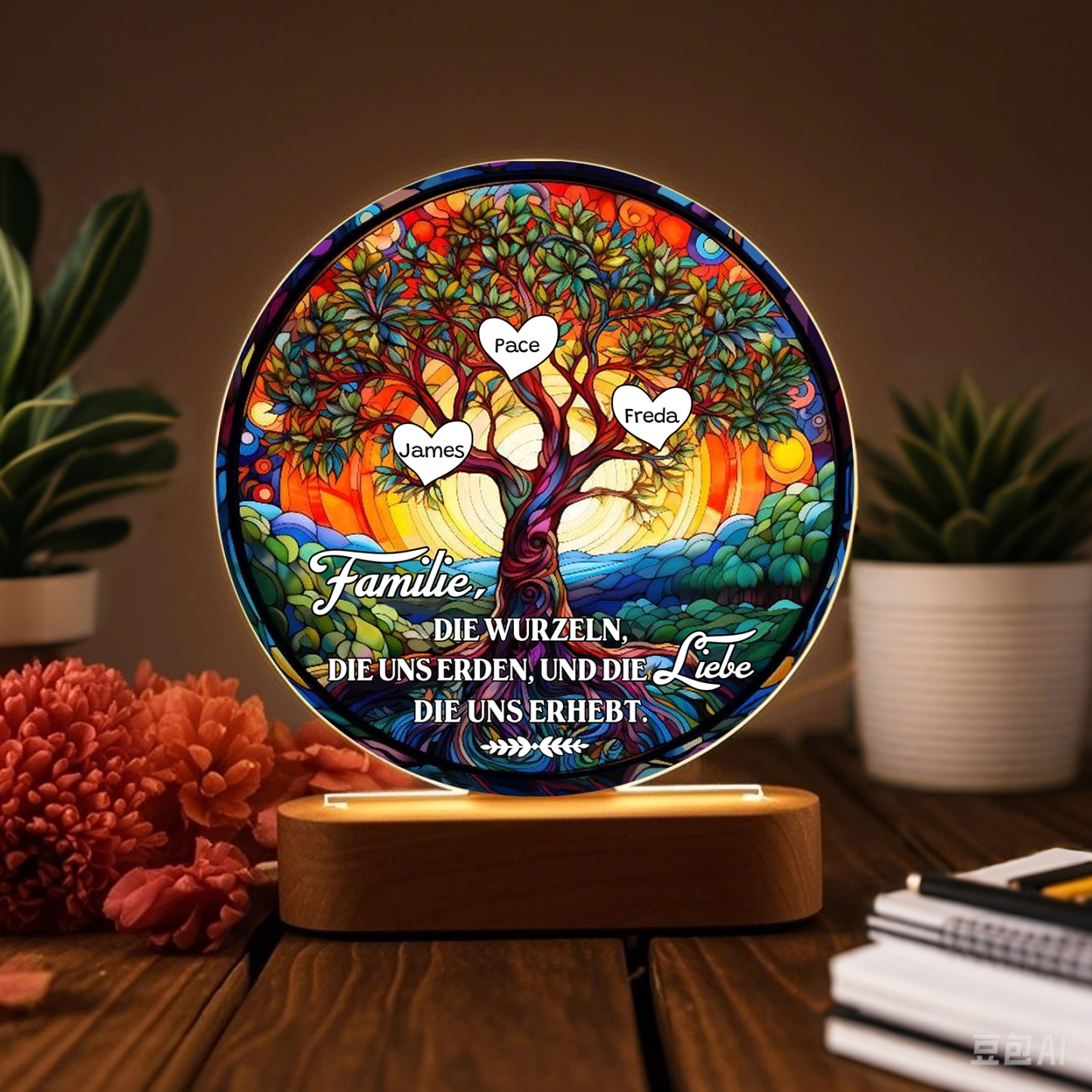 Lebenbaum Licht-Personalisierte 3 Namen Licht mit Gravur "Familie, die Wurzeln, die uns erden, und die Liebe, die uns erhebt"