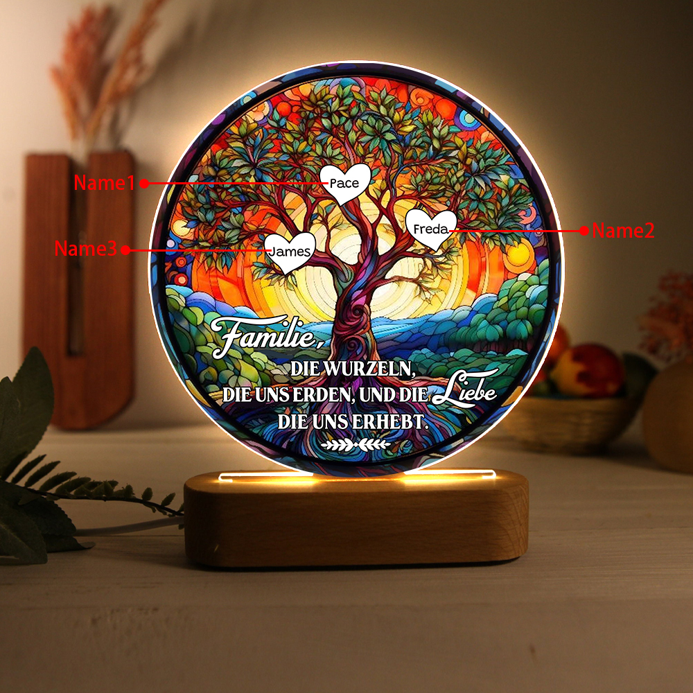Lebenbaum Licht-Personalisierte 3 Namen Licht mit Gravur "Familie, die Wurzeln, die uns erden, und die Liebe, die uns erhebt"