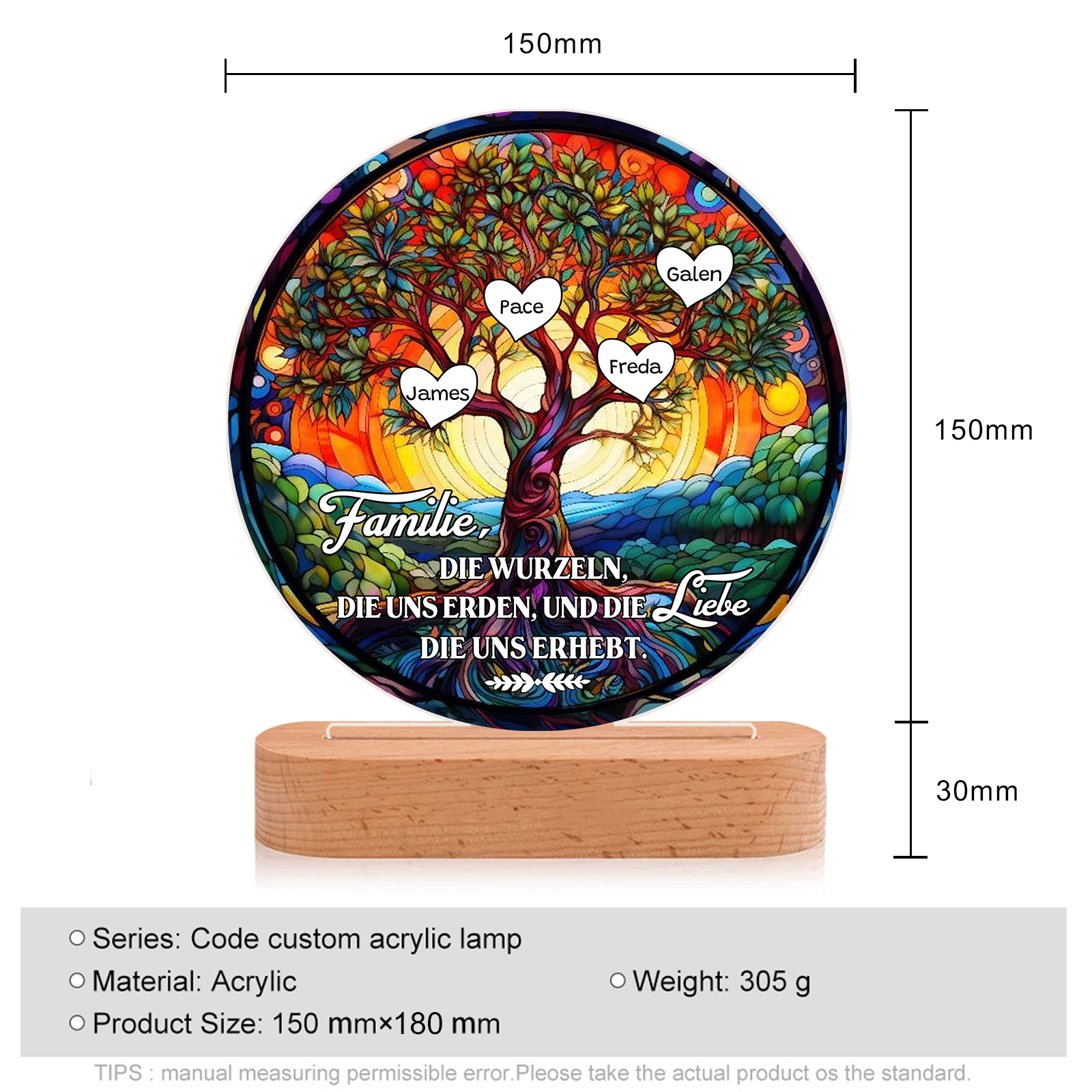 Lebenbaum Licht-Personalisierte 4 Namen Licht mit Gravur "Familie, die Wurzeln, die uns erden, und die Liebe, die uns erhebt"