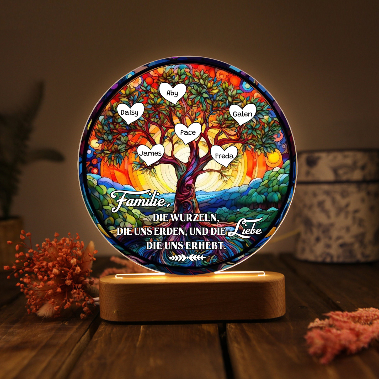 Lebenbaum Licht-Personalisierte 6 Namen Licht mit Gravur "Familie, die Wurzeln, die uns erden, und die Liebe, die uns erhebt"
