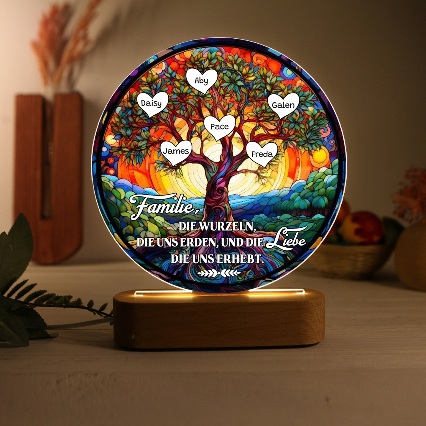 Lebenbaum Licht-Personalisierte 6 Namen Licht mit Gravur "Familie, die Wurzeln, die uns erden, und die Liebe, die uns erhebt"