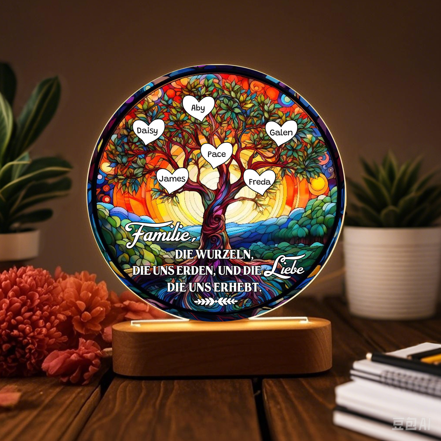 Lebenbaum Licht-Personalisierte 6 Namen Licht mit Gravur "Familie, die Wurzeln, die uns erden, und die Liebe, die uns erhebt"