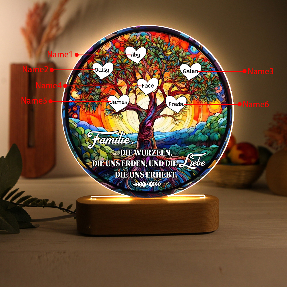 Lebenbaum Licht-Personalisierte 6 Namen Licht mit Gravur "Familie, die Wurzeln, die uns erden, und die Liebe, die uns erhebt"