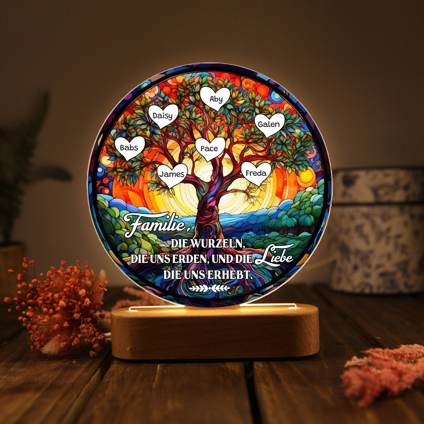 Lebenbaum Licht-Personalisierte 7 Namen Licht mit Gravur "Familie, die Wurzeln, die uns erden, und die Liebe, die uns erhebt"