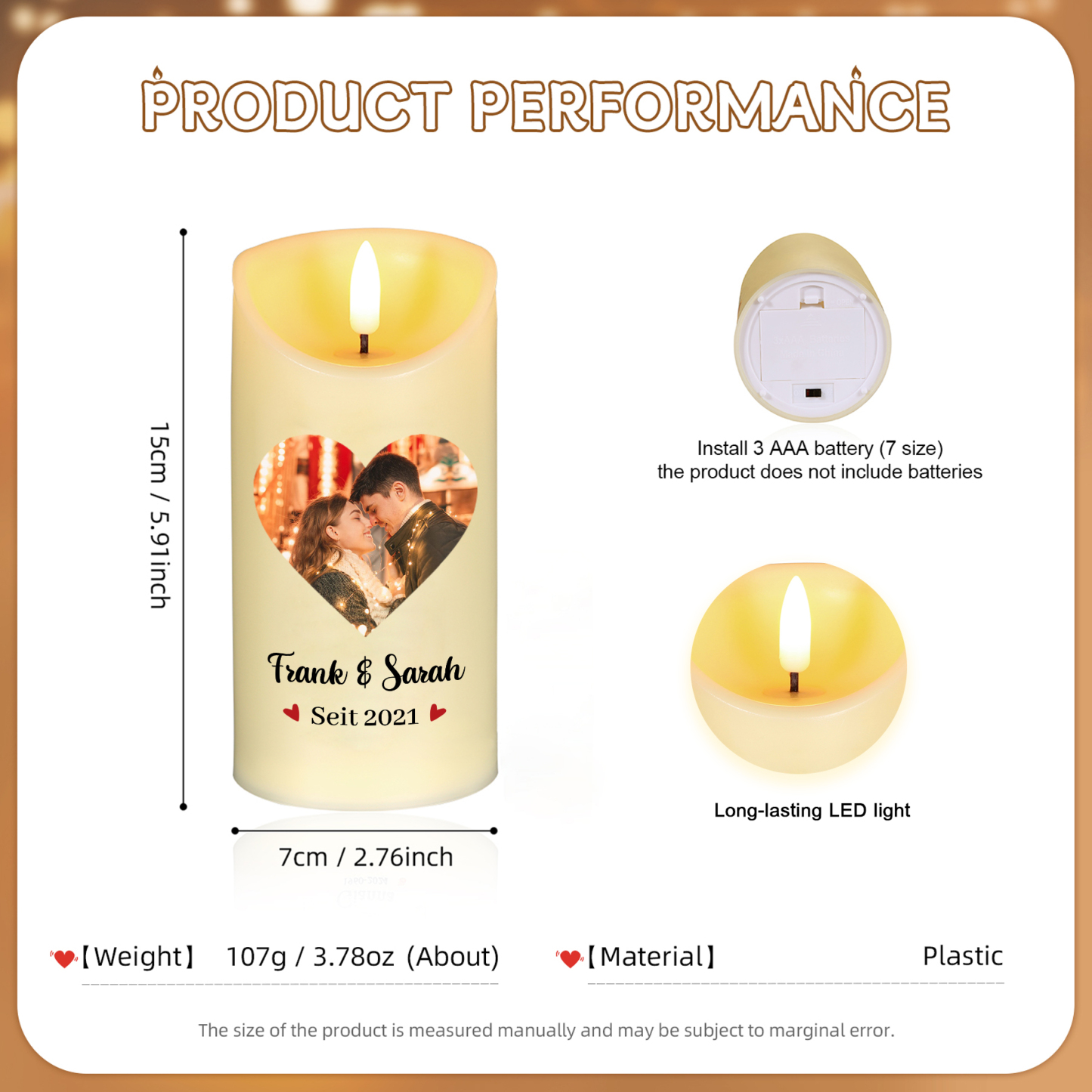 Personalisierte LED-Kerze mit 1 Foto & 2 Namen & Jahr – Denn ich liebe dich jeden Tag – Romantisches Geschenk für Paare