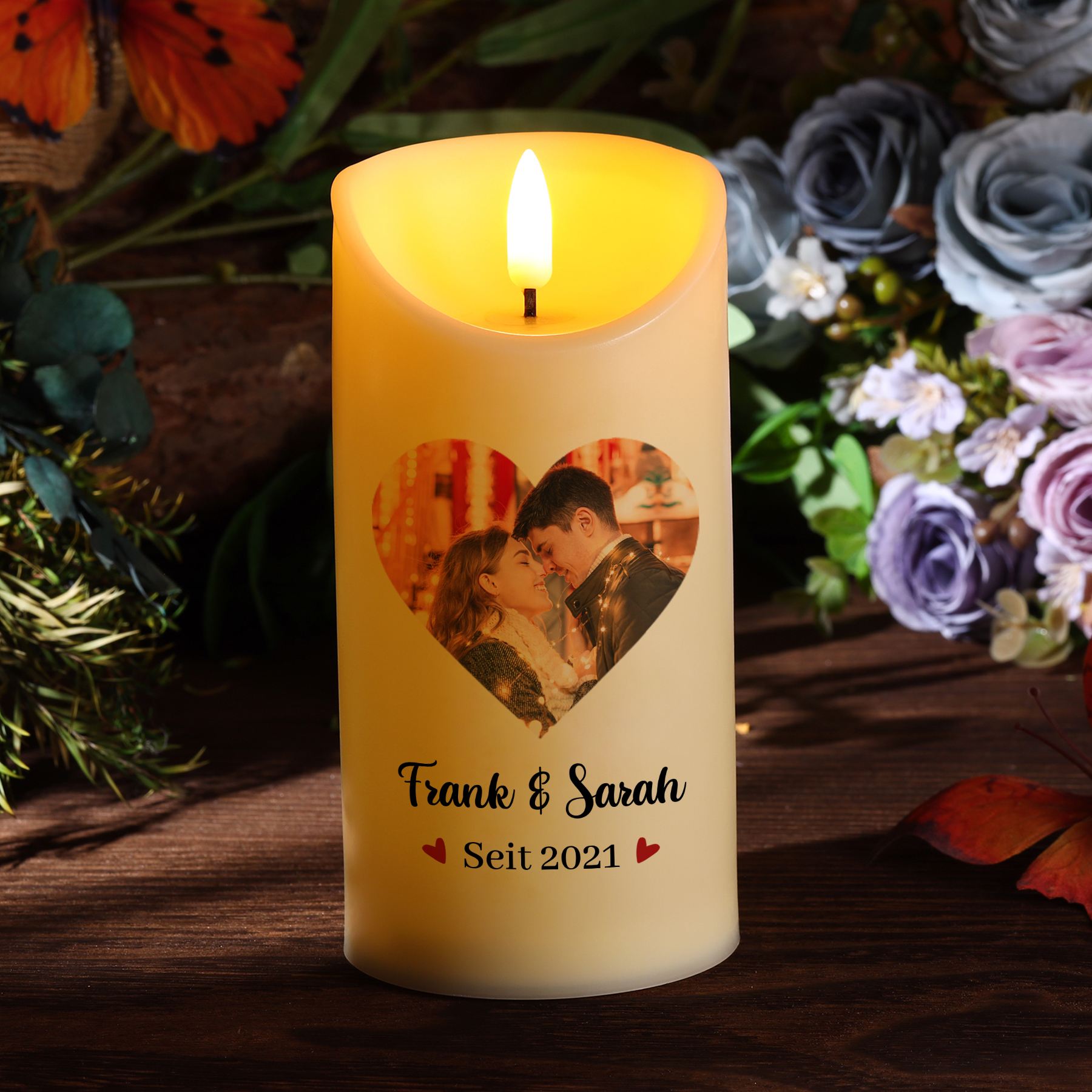 Personalisierte LED-Kerze mit 1 Foto & 2 Namen & Jahr – Denn ich liebe dich jeden Tag – Romantisches Geschenk für Paare