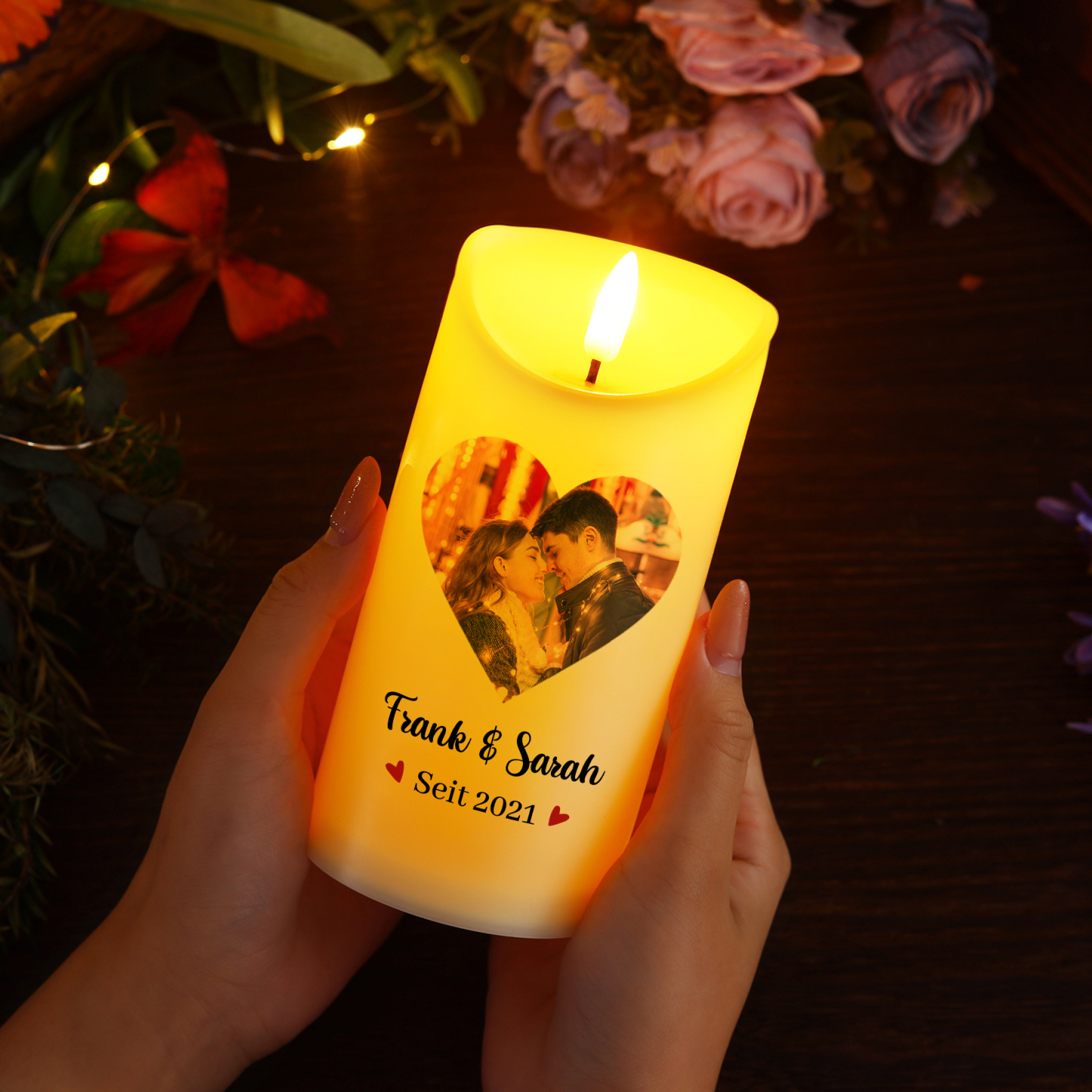 Personalisierte LED-Kerze mit 1 Foto & 2 Namen & Jahr – Denn ich liebe dich jeden Tag – Romantisches Geschenk für Paare