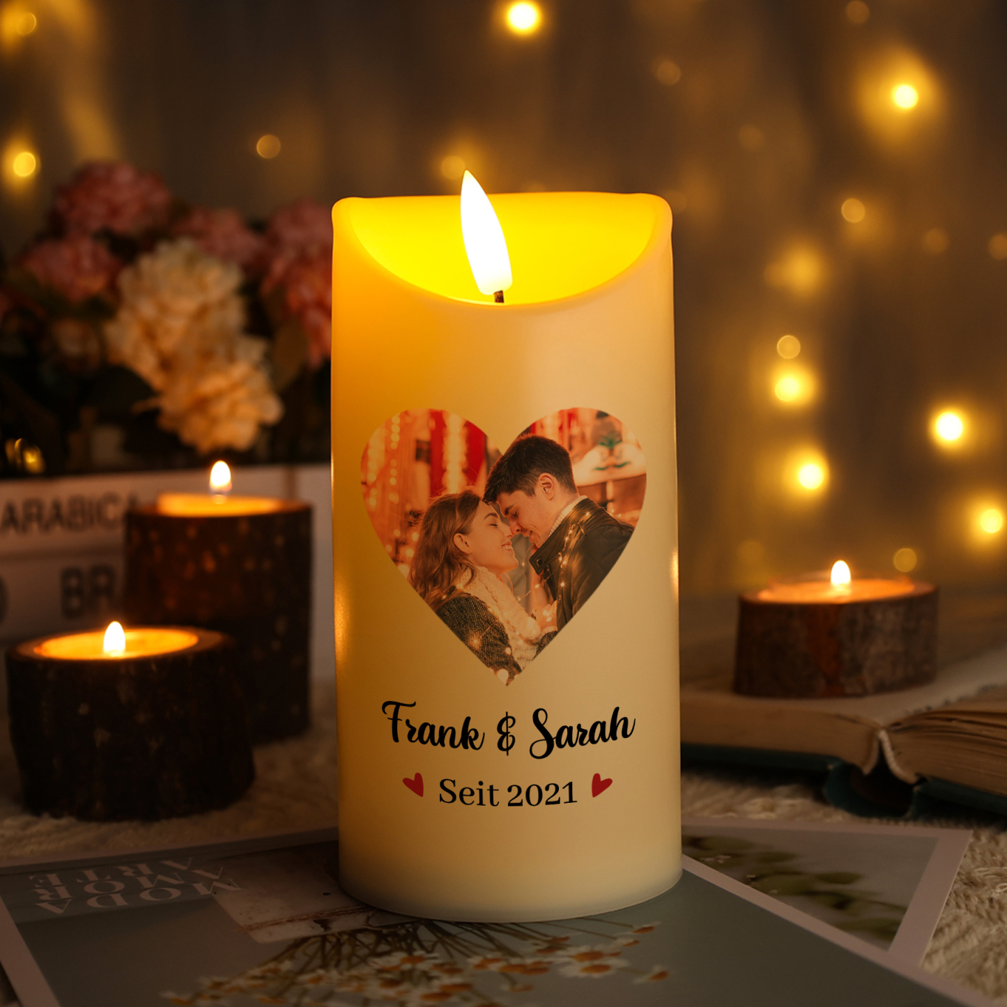 Personalisierte LED-Kerze mit 1 Foto & 2 Namen & Jahr – Denn ich liebe dich jeden Tag – Romantisches Geschenk für Paare
