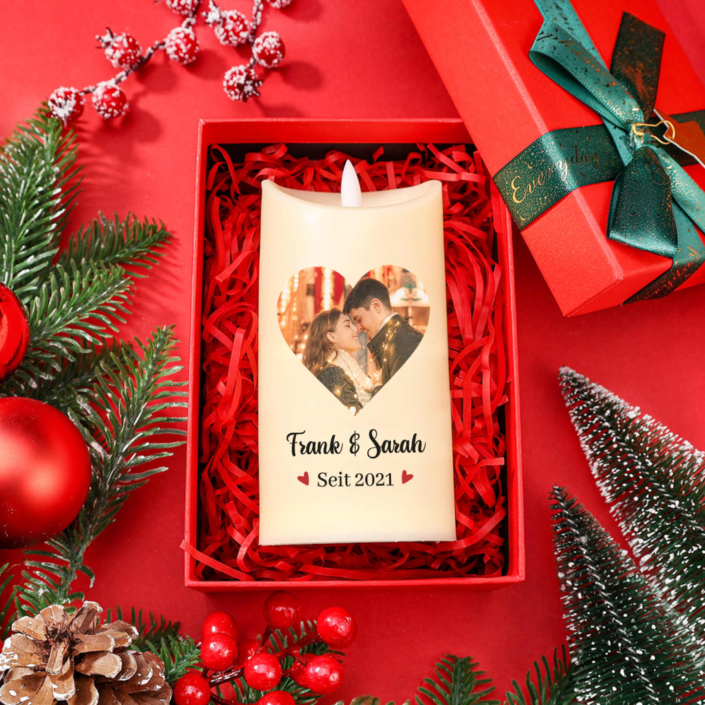 Personalisierte LED-Kerze mit 1 Foto & 2 Namen & Jahr – Denn ich liebe dich jeden Tag – Romantisches Geschenk für Paare
