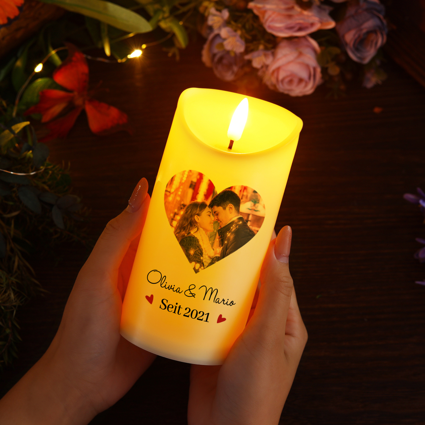 Personalisierte LED-Kerze mit 1 Foto & 2 Namen & Jahr – DAS Schönste was mir passiert ist – Romantisches Geschenk für Paare