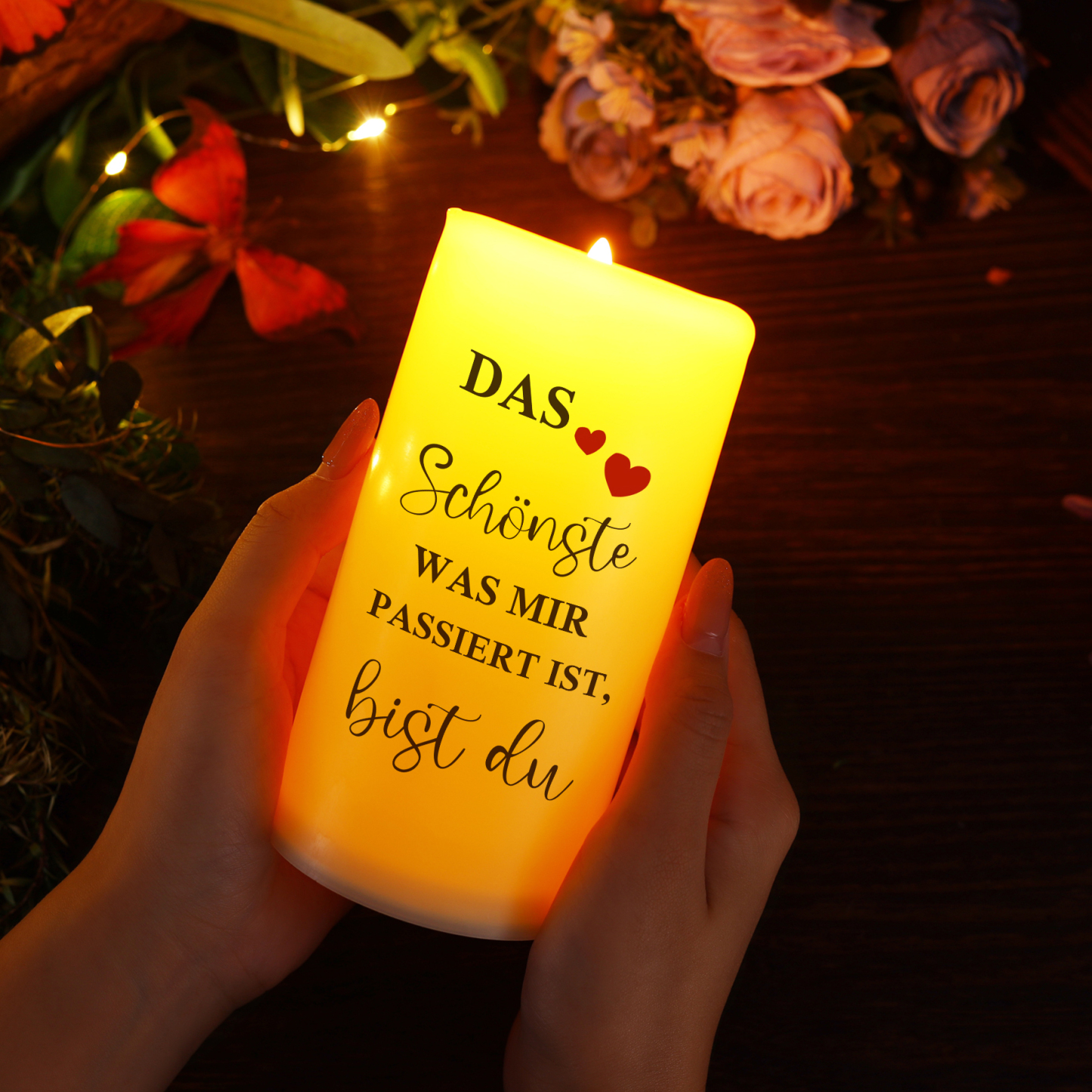 Personalisierte LED-Kerze mit 1 Foto & 2 Namen & Jahr – DAS Schönste was mir passiert ist – Romantisches Geschenk für Paare