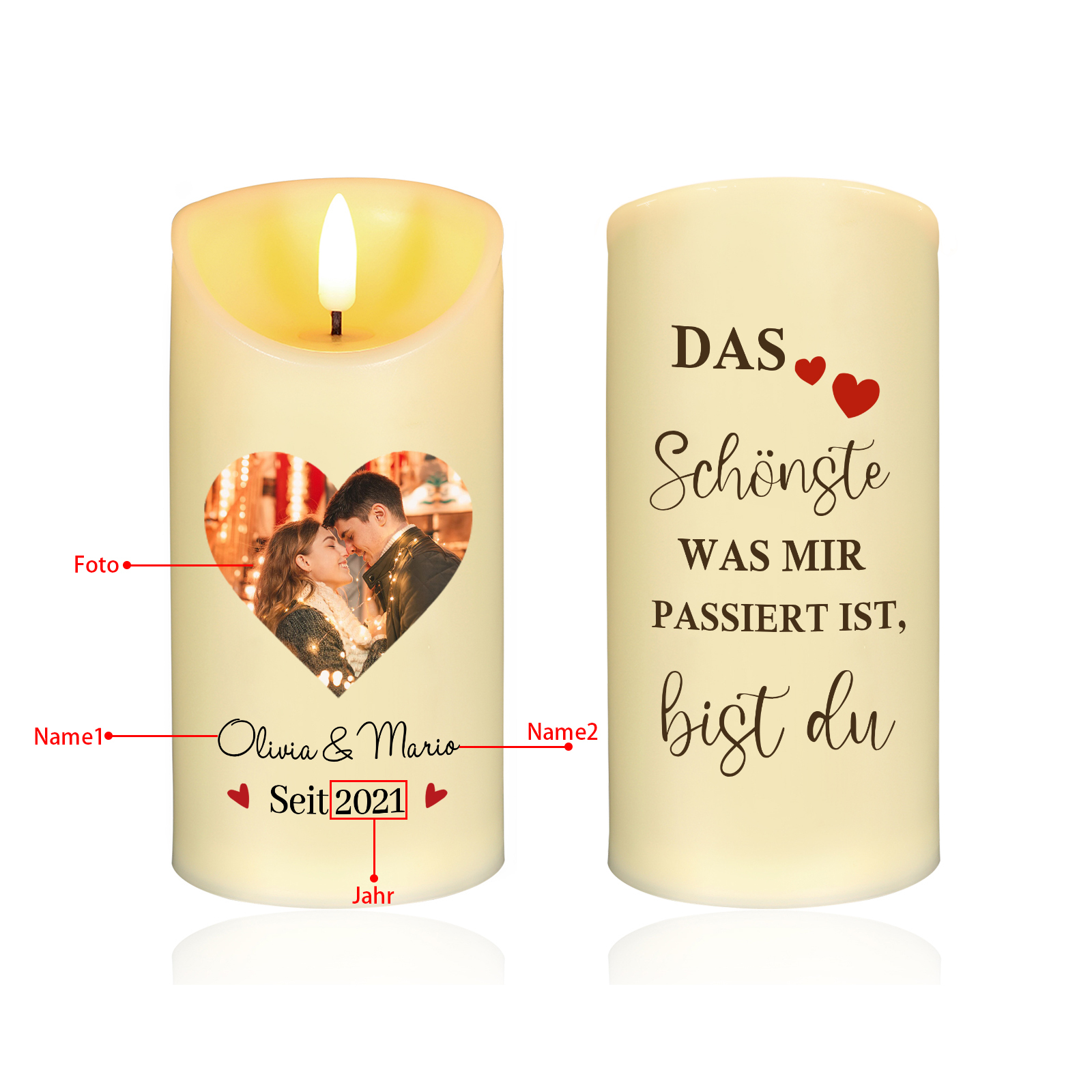 Personalisierte LED-Kerze mit 1 Foto & 2 Namen & Jahr – DAS Schönste was mir passiert ist – Romantisches Geschenk für Paare