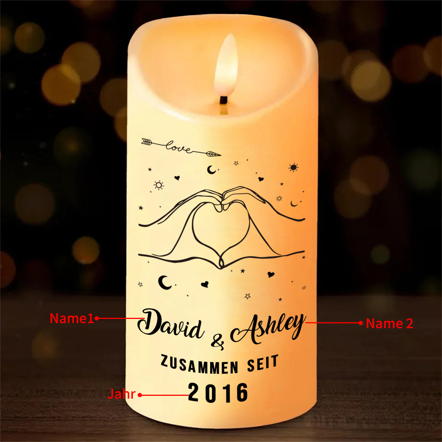 Personalisierte LED-Kerze mit 2 Namen & Jahr – Zusammen Seit – Romantisches Geschenk für Paare