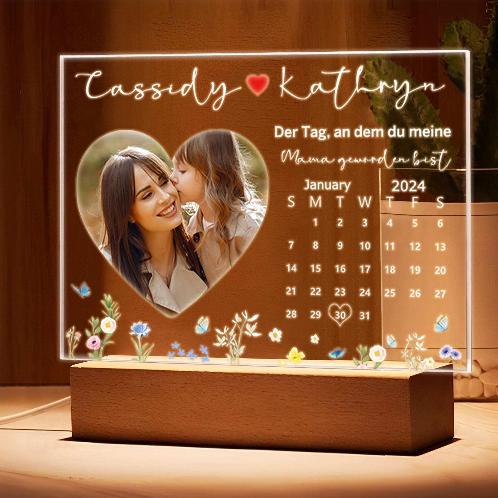 Acryl-Deko Personalisierte mit 2 Namen & Foto & Datum Schreibtischdekoration für Mutter/Mama