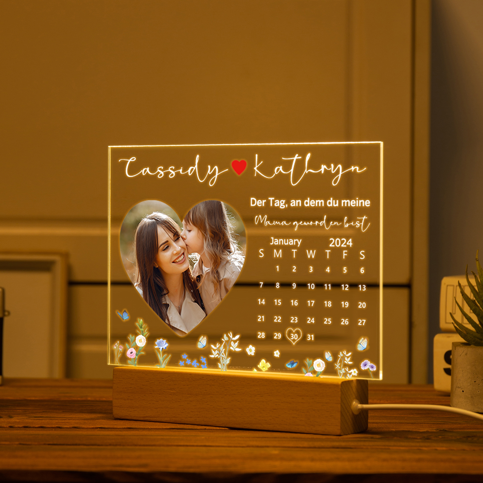 Acryl-Deko Personalisierte mit 2 Namen & Foto & Datum Schreibtischdekoration für Mutter/Mama
