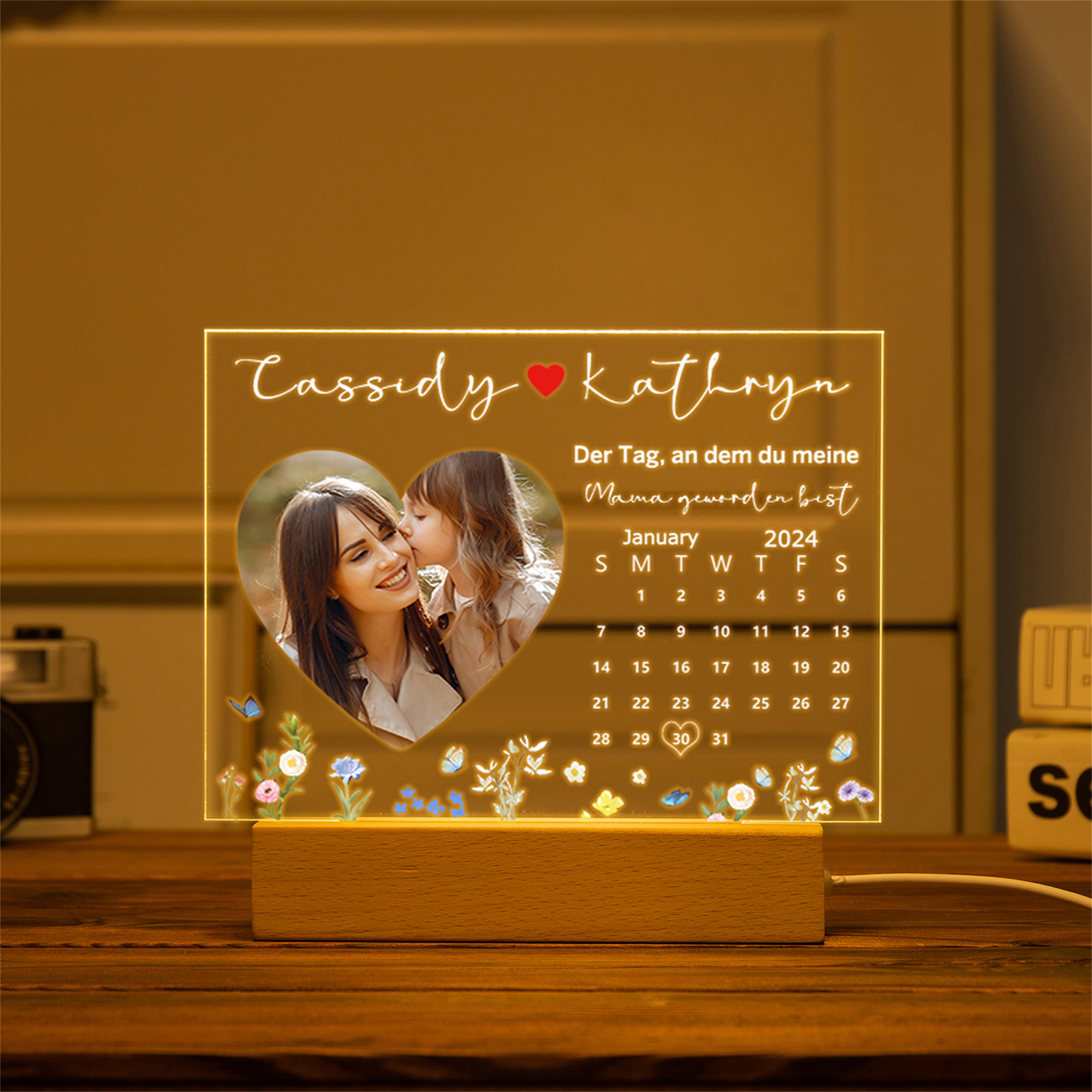 Acryl-Deko Personalisierte mit 2 Namen & Foto & Datum Schreibtischdekoration für Mutter/Mama