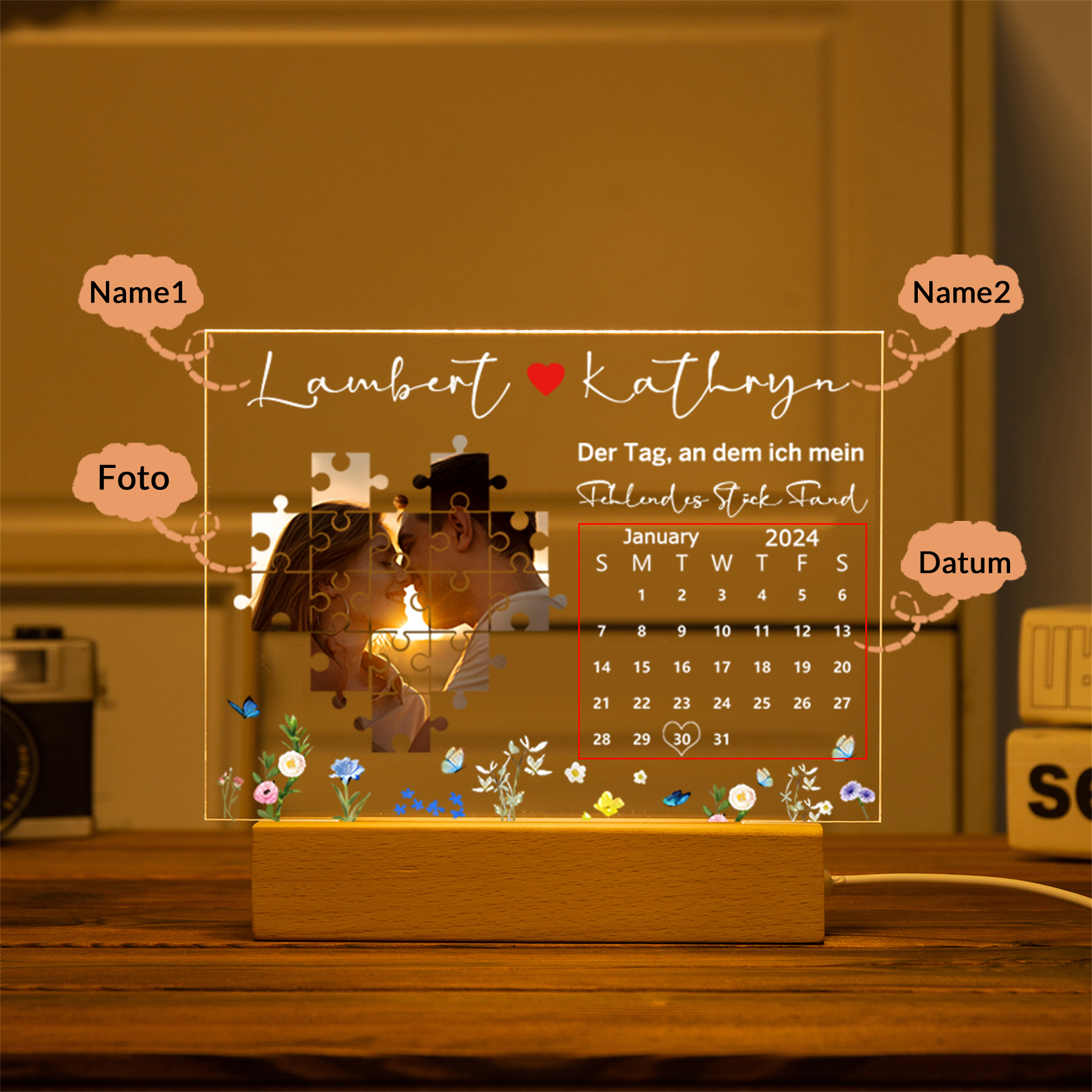 Acryl-Deko Personalisierte mit 2 Namen & Foto & Datum Schreibtischdekoration für Paar