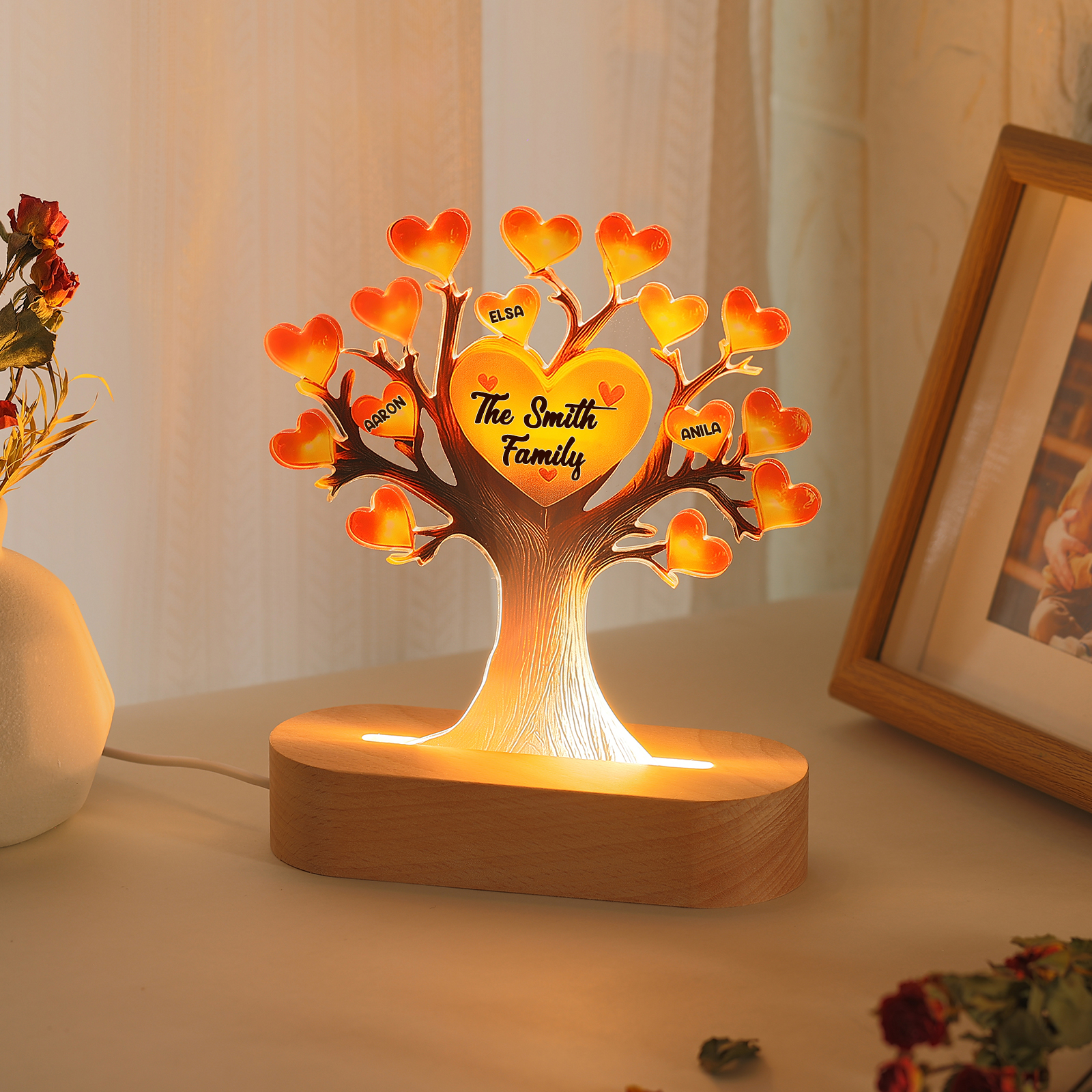 Gelber Lebenbaum Licht-Personalisiertes 3 Namen & Text für Mutter/Großmutter/Familien 