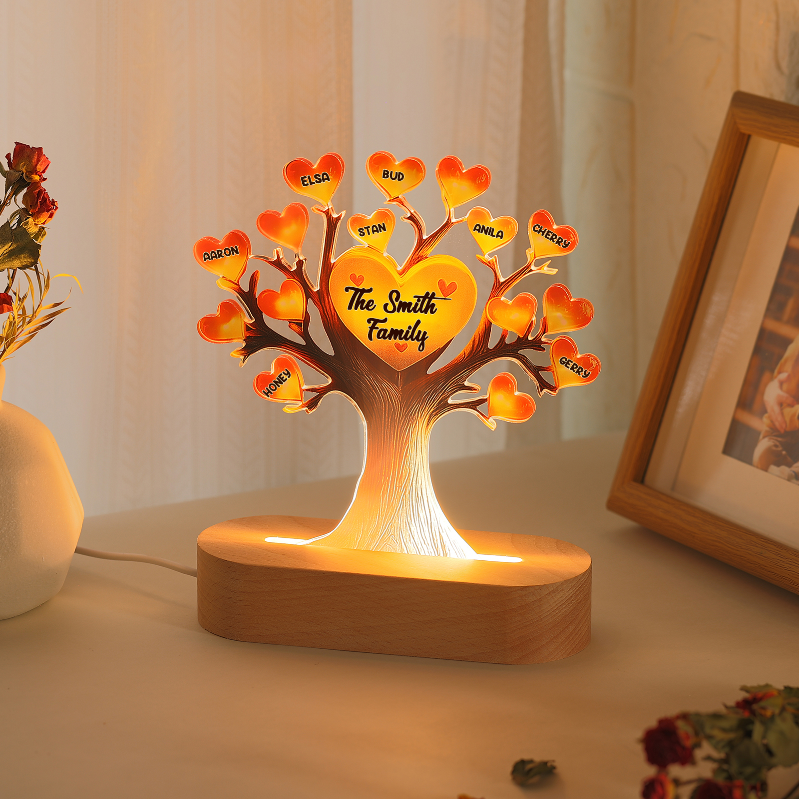 Gelber Lebenbaum Licht-Personalisiertes 8 Namen & Text für Mutter/Großmutter/Familien 