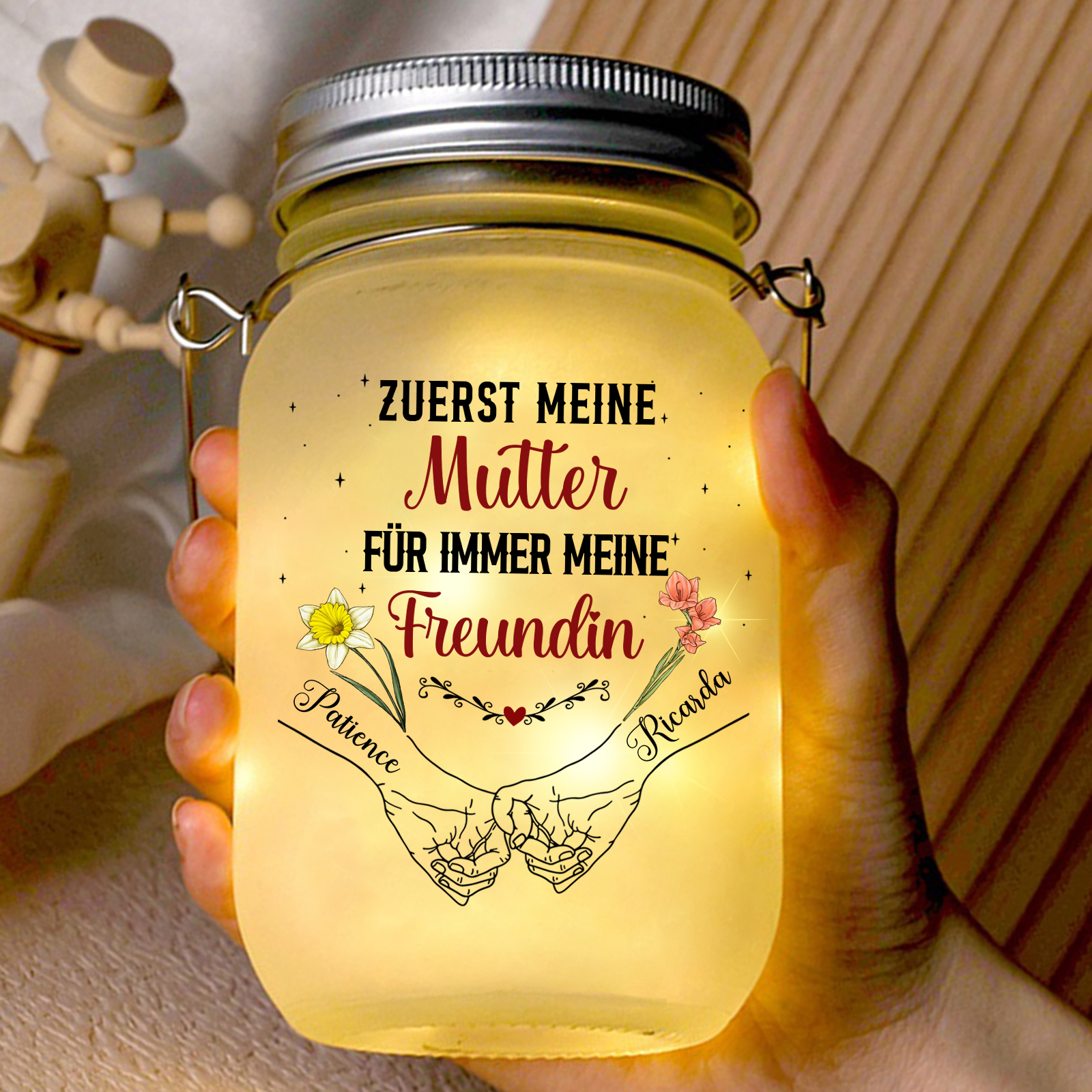 Personalisierte 2 Namen & Geburtsblume Licht Glasflaschen-Zuerst meine Mutter, für immer meine Freundin