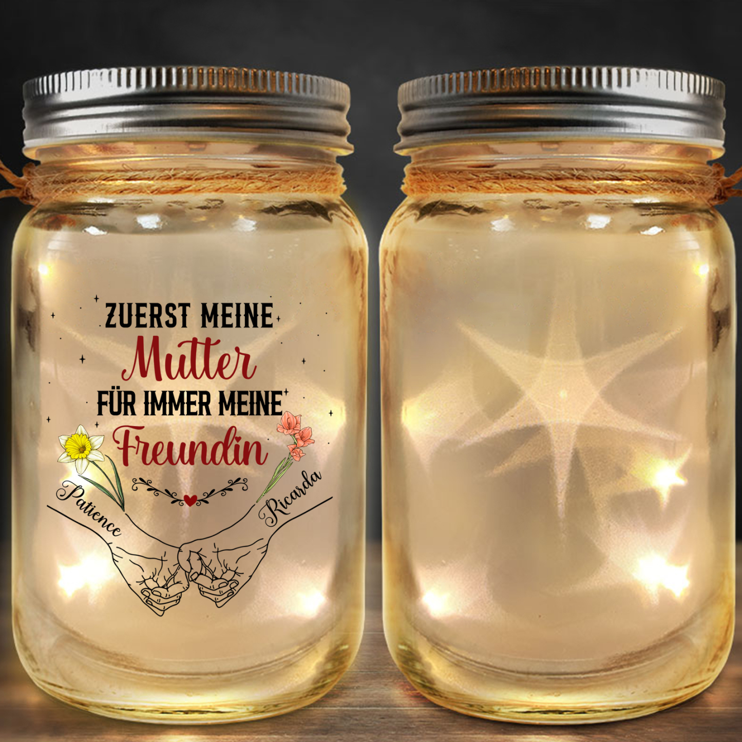 Personalisierte 2 Namen & Geburtsblume Licht Glasflaschen-Zuerst meine Mutter, für immer meine Freundin