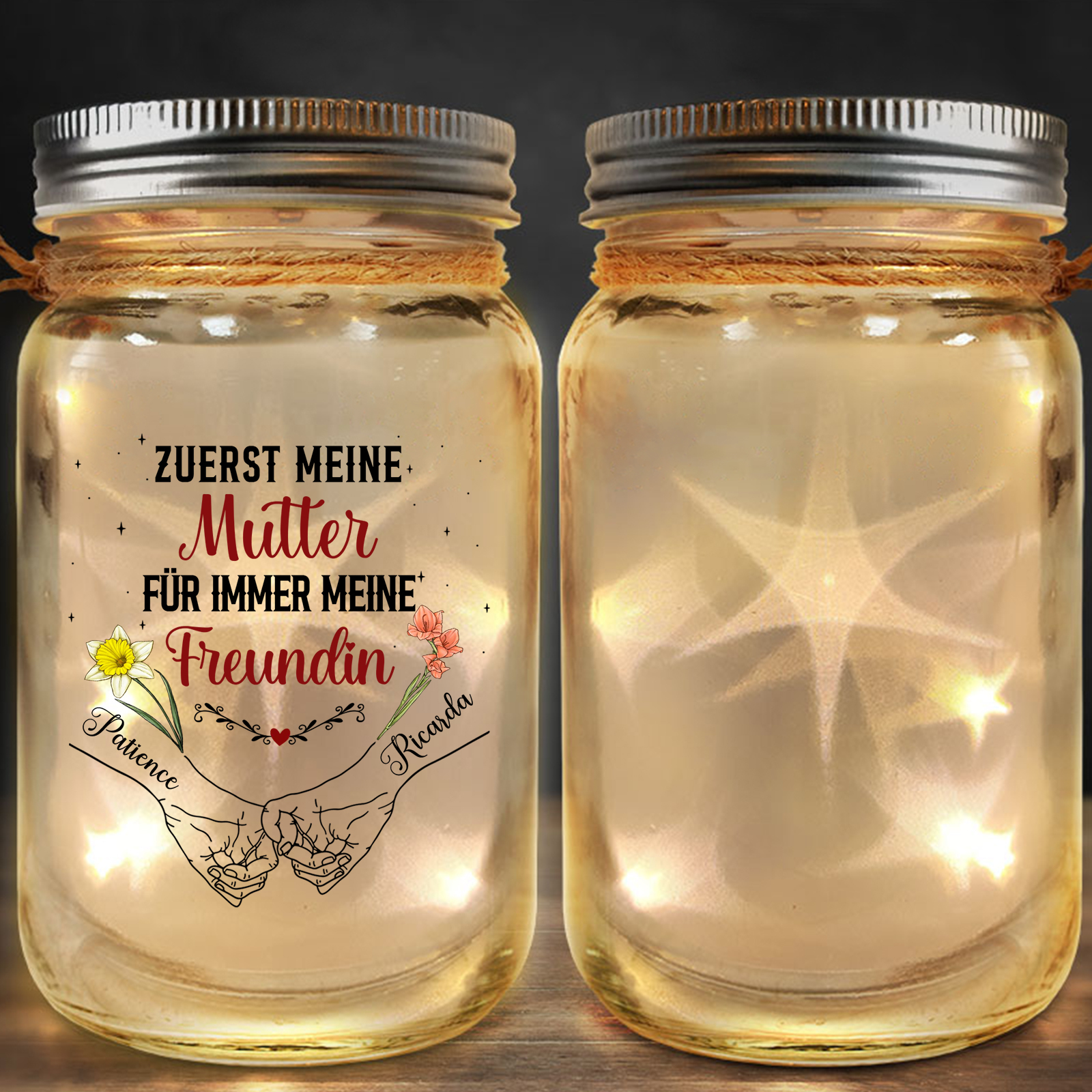 Personalisierte 2 Namen & Geburtsblume Licht Glasflaschen-Zuerst meine Mutter, für immer meine Freundin