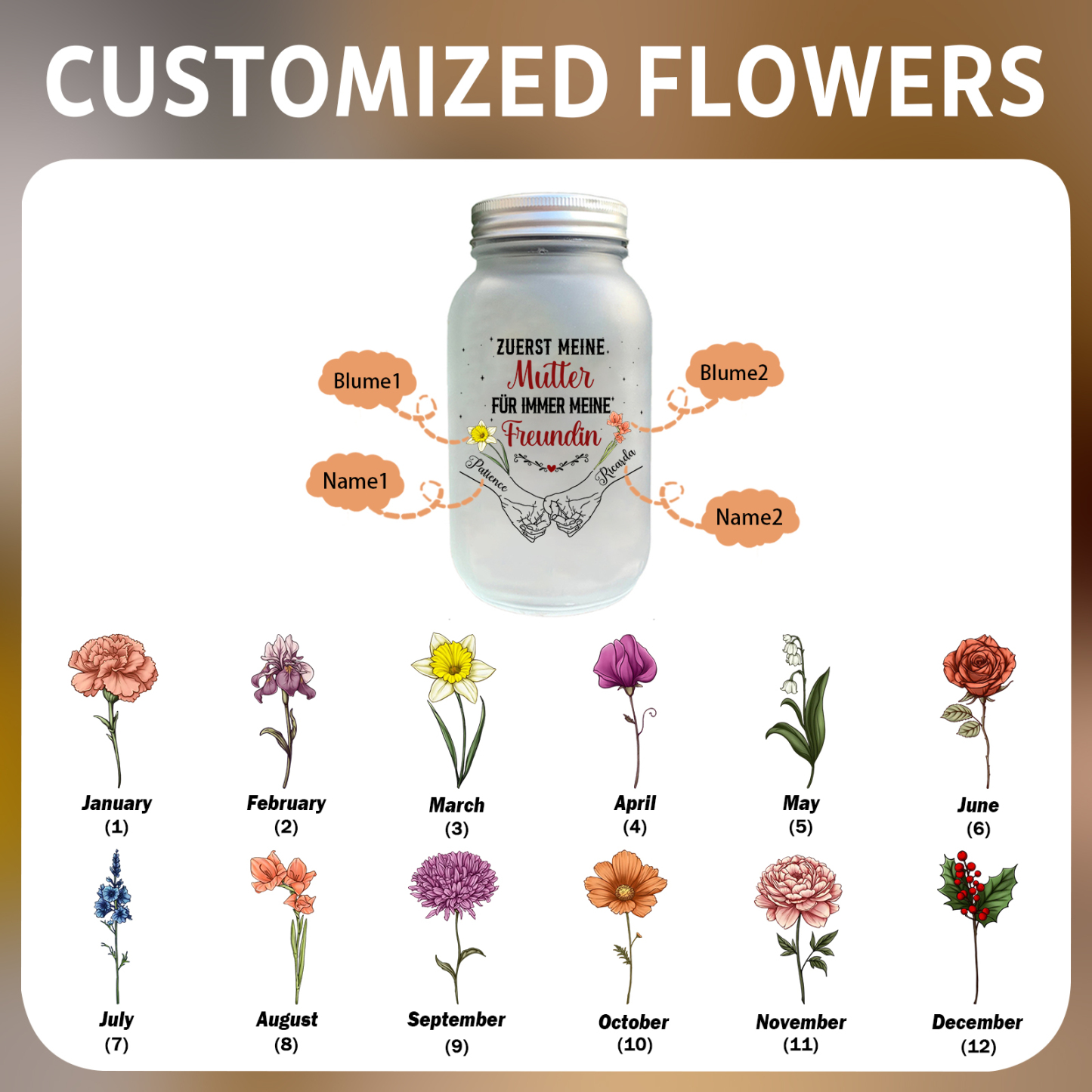 Personalisierte 2 Namen & Geburtsblume Licht Glasflaschen-Zuerst meine Mutter, für immer meine Freundin