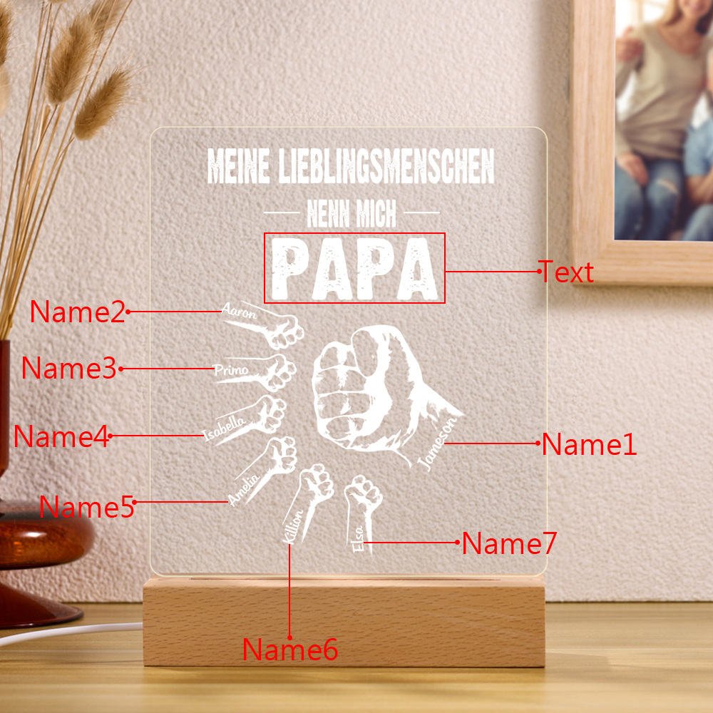 Personalisierte 7 Namen & Text PAPA Faust Nachtlicht- Meine Lieblingsmenschen nennen mich Papa-Geschenk für Vater-Unsere Familie
