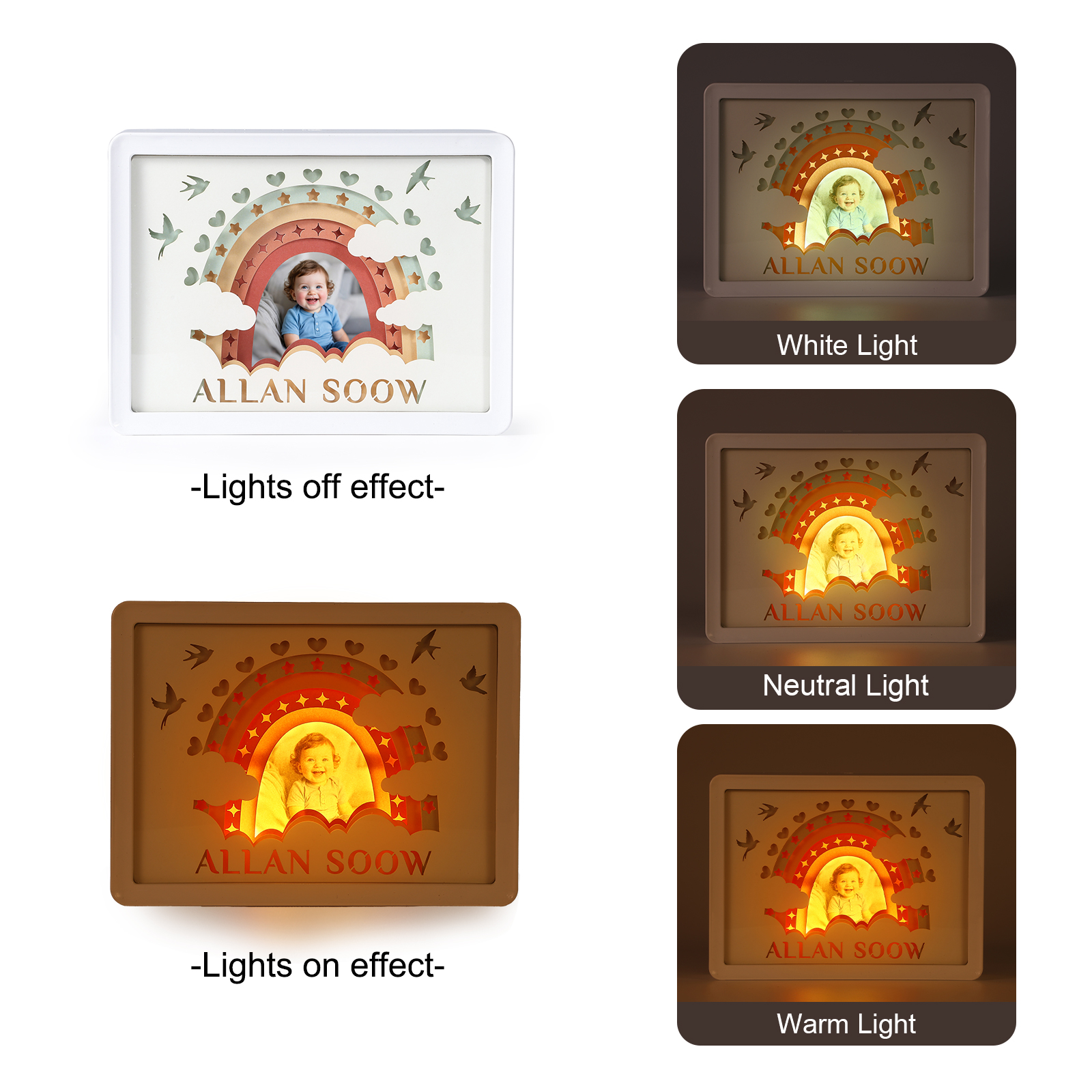 3D LED Baby‑Geburtsdaten Bilderrahmen mit Licht – personalisierbar, Regenbogen‑Design