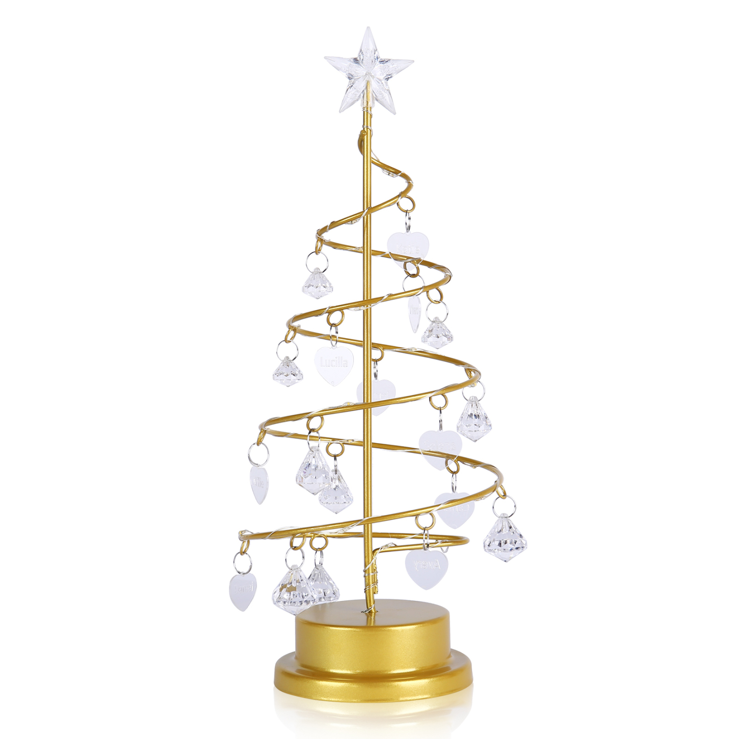 Personalisierte Baum-Kristalllampe mit Namen – LED-Nachtlicht mit warmem Licht und Acryl-Herzanhängern