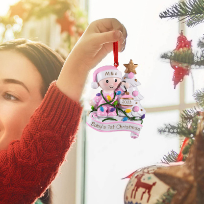 Harz Weihnachtsornament - Personalisierter Name & Text & Jahr Baby und Weihnachtsbaum Ornament
