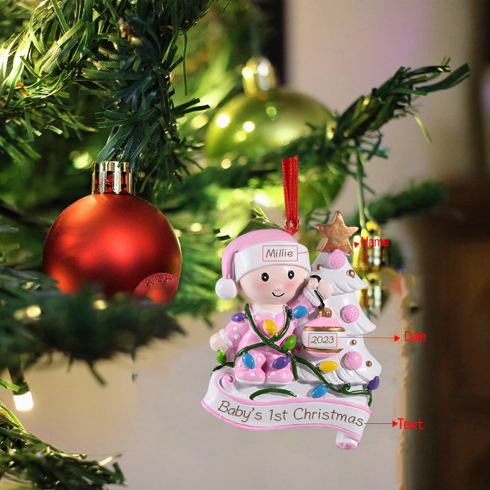 Harz Weihnachtsornament - Personalisierter Name & Text & Jahr Baby und Weihnachtsbaum Ornament