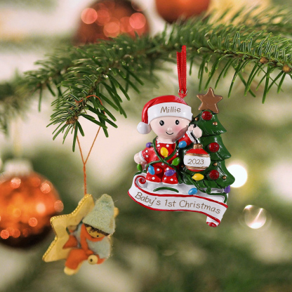 Harz Weihnachtsornament - Personalisierter Name & Text & Jahr Baby und Weihnachtsbaum Ornament