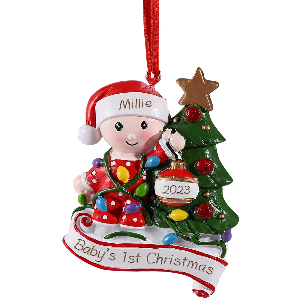 Harz Weihnachtsornament - Personalisierter Name & Text & Jahr Baby und Weihnachtsbaum Ornament