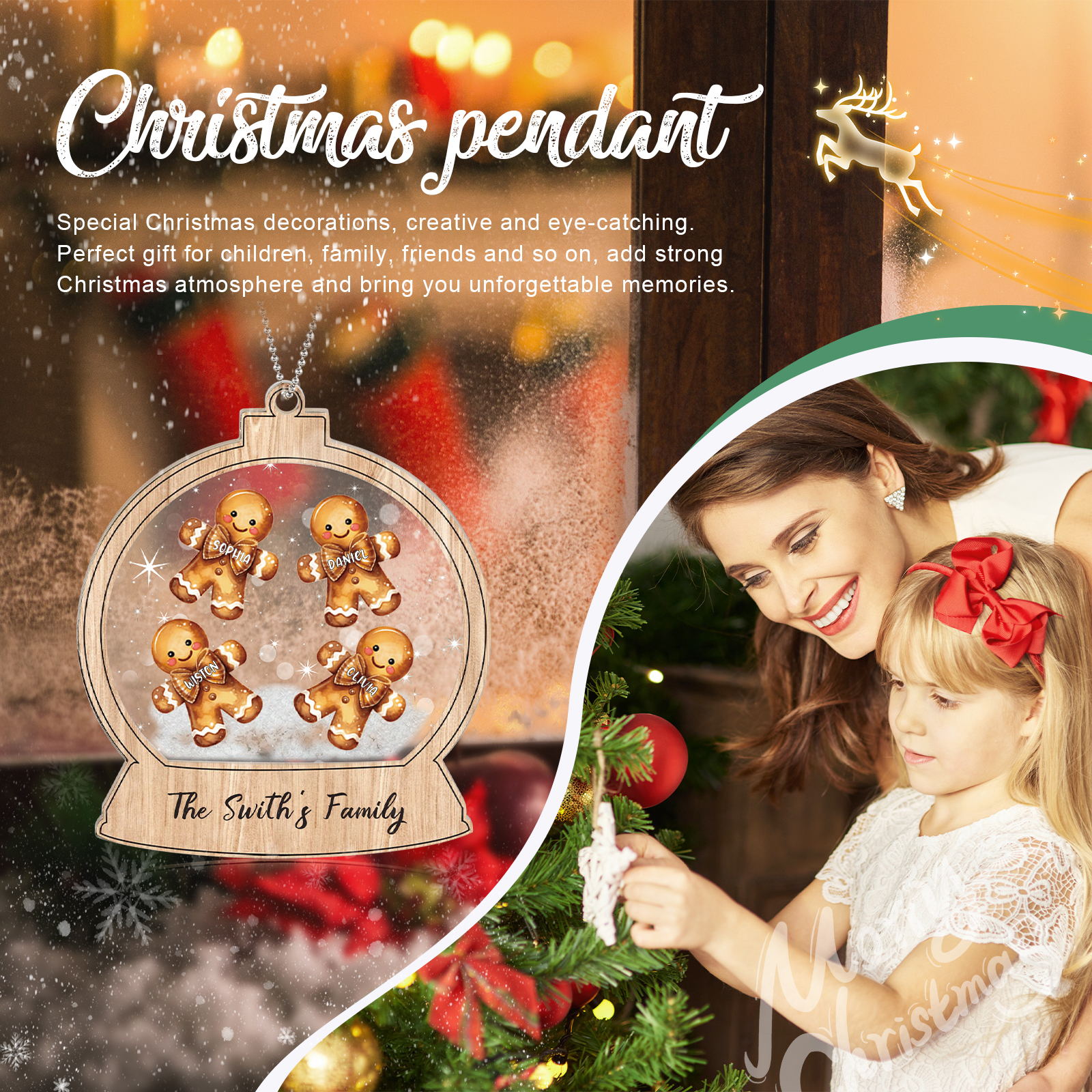 Acryl Personalisierte 4 Namen & Text Lebkuchenmann Rund Weihnachtsornament Weihnachtsbaum Anhänger